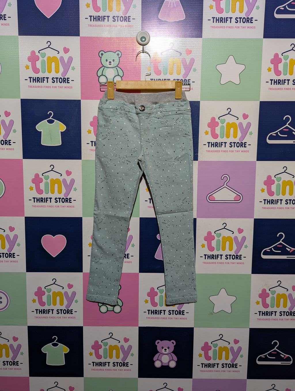Girls Light Green "Star Print" Slim-Fit Stretch Pants - Size 130 CM Estimated Age 8-9 Years AB2