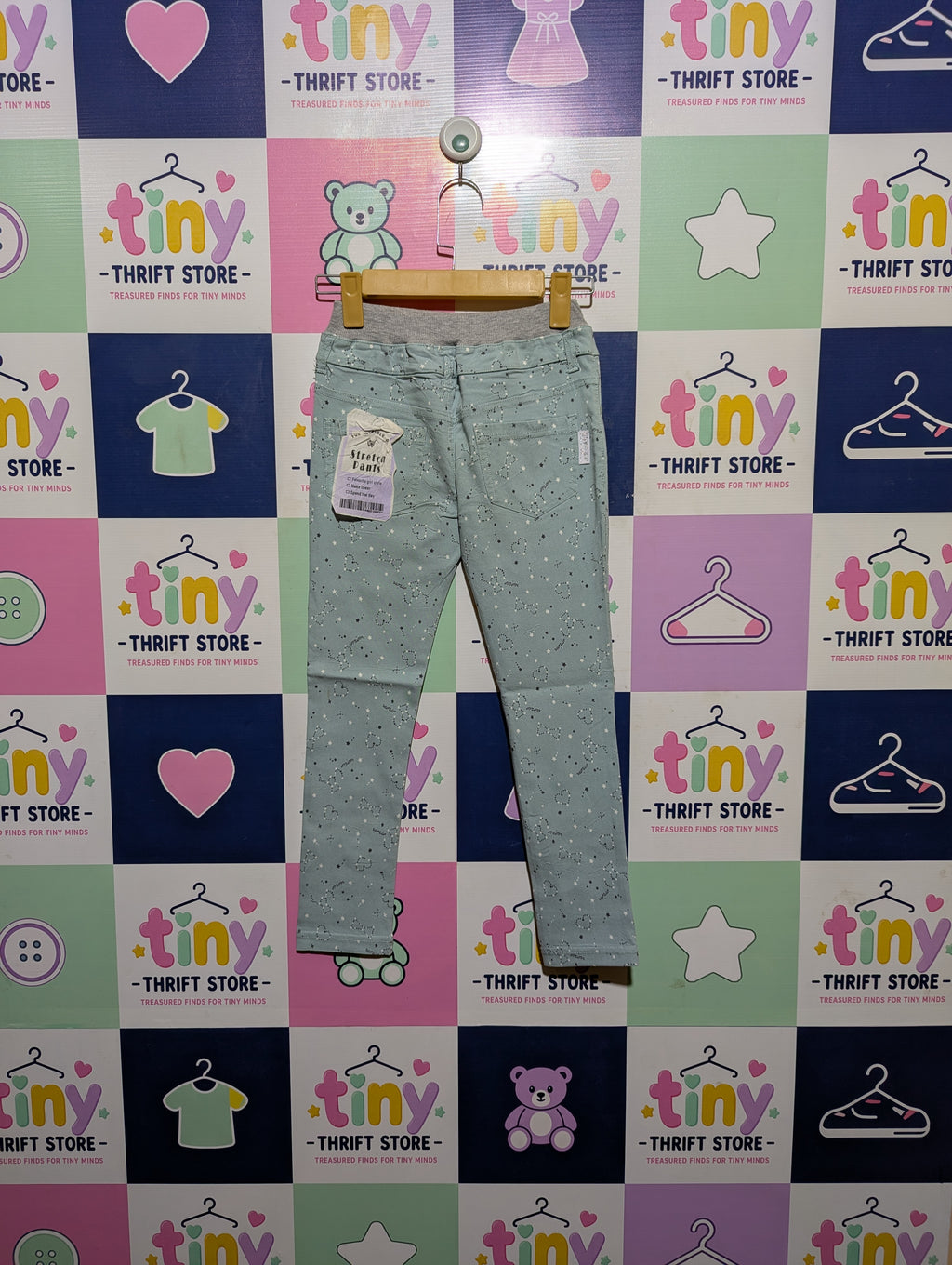 Girls Light Green "Star Print" Slim-Fit Stretch Pants - Size 130 CM Estimated Age 8-9 Years AB2