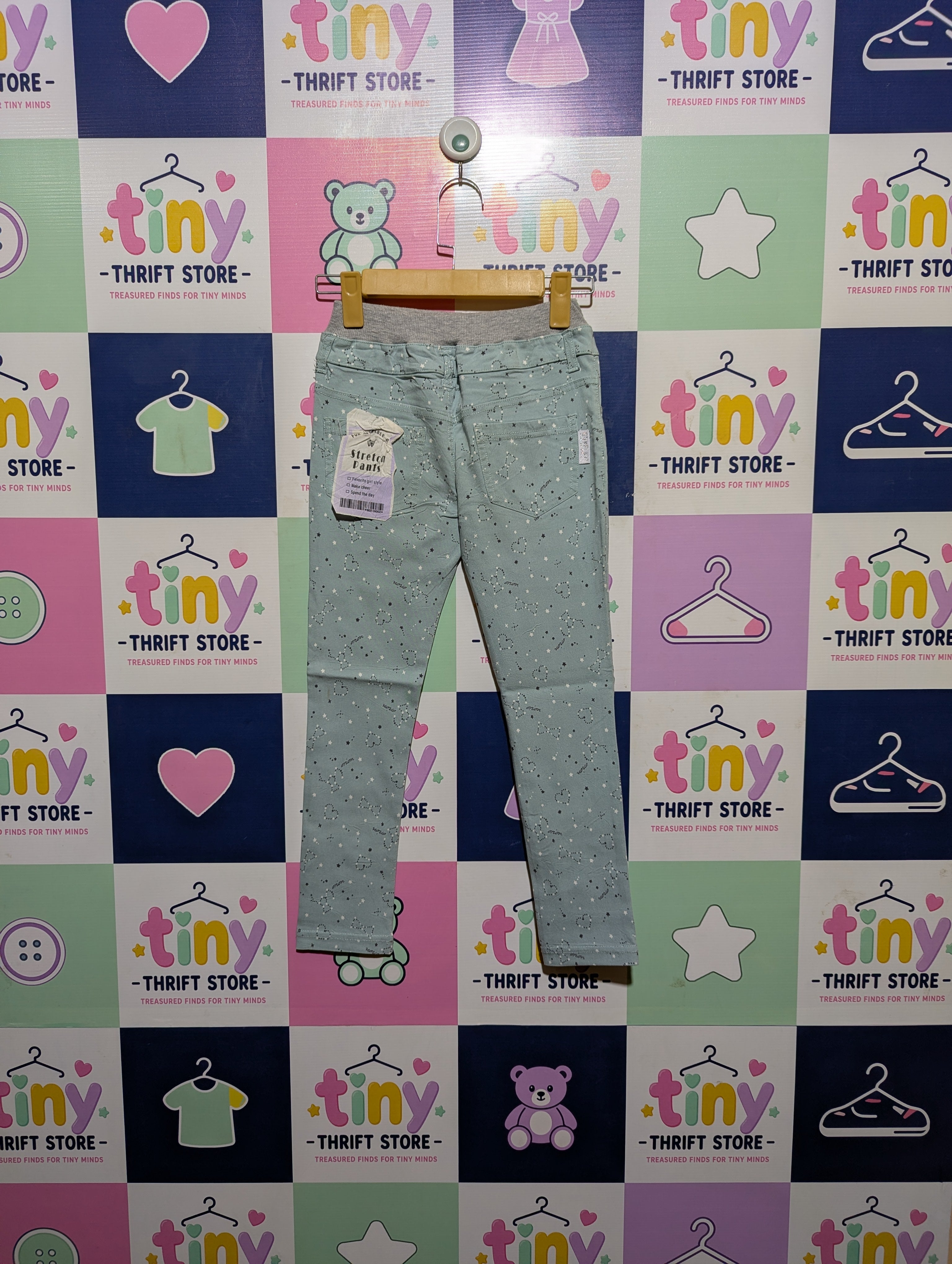 Girls Light Green "Star Print" Slim-Fit Stretch Pants - Size 130 CM Estimated Age 8-9 Years AB2