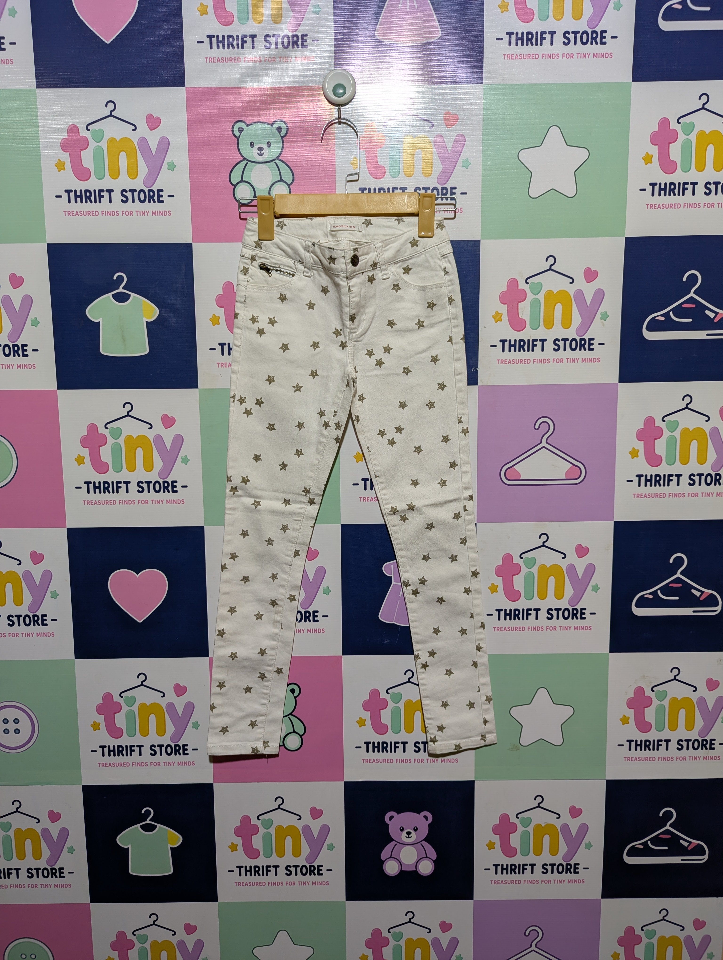 Monoprix Kids Girls White "Star Print" Slim-Fit Pants - Size 128 CM Estimated Age 7-8 Years AB2