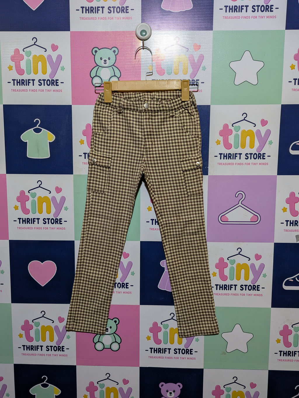 Monchou B Girls Brown Gingham Check Casual Pants - Size 130 CM (Estimated Age 8 Years) AB2