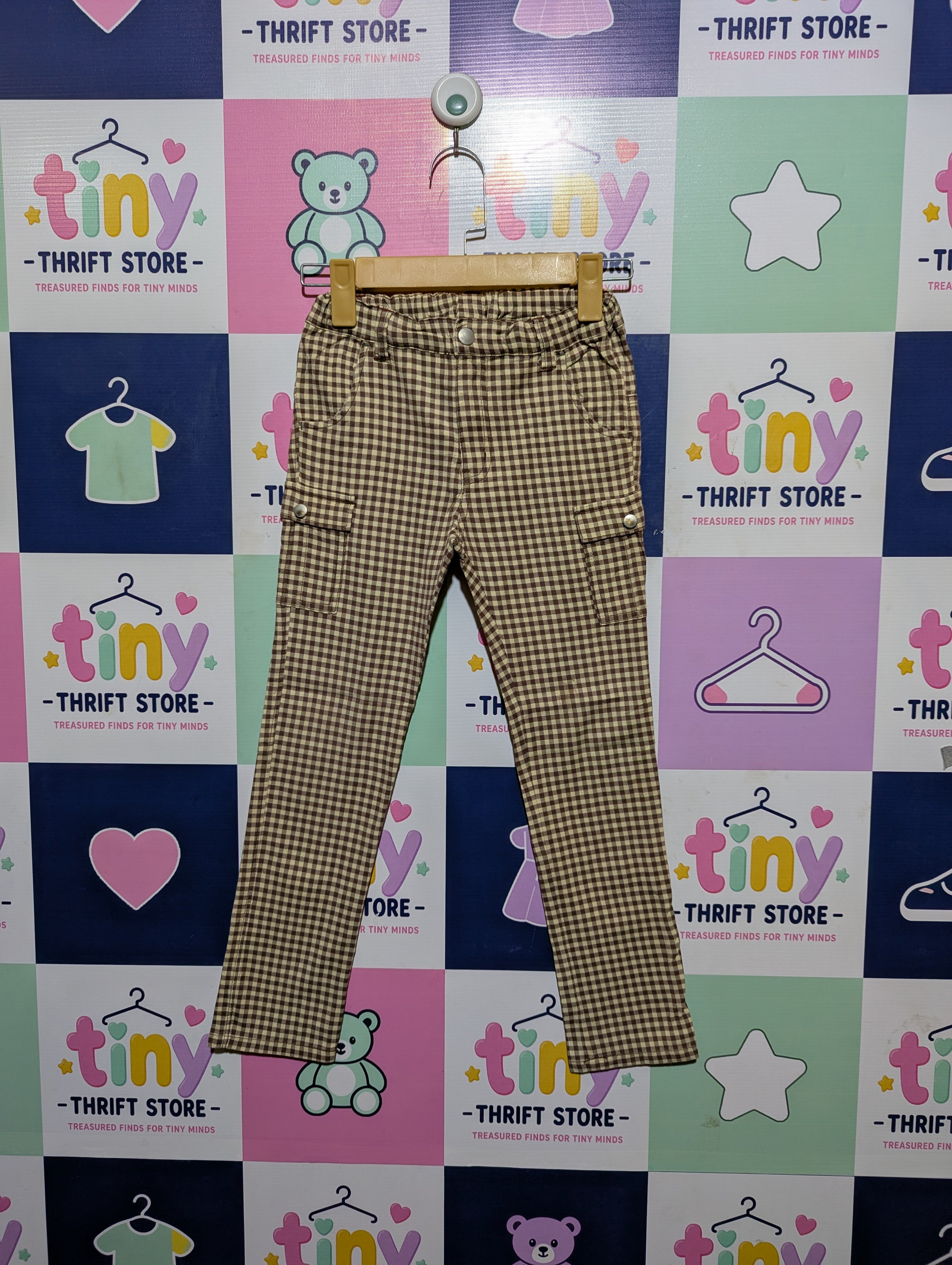 Monchou B Girls Brown Gingham Check Casual Pants - Size 130 CM (Estimated Age 8 Years) AB2