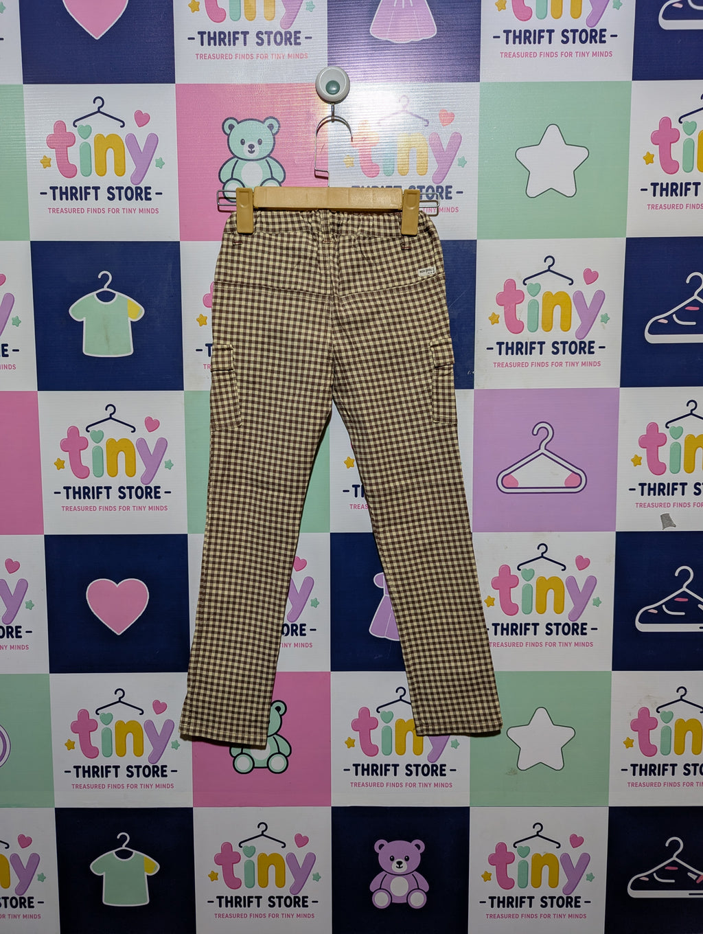 Monchou B Girls Brown Gingham Check Casual Pants - Size 130 CM (Estimated Age 8 Years) AB2