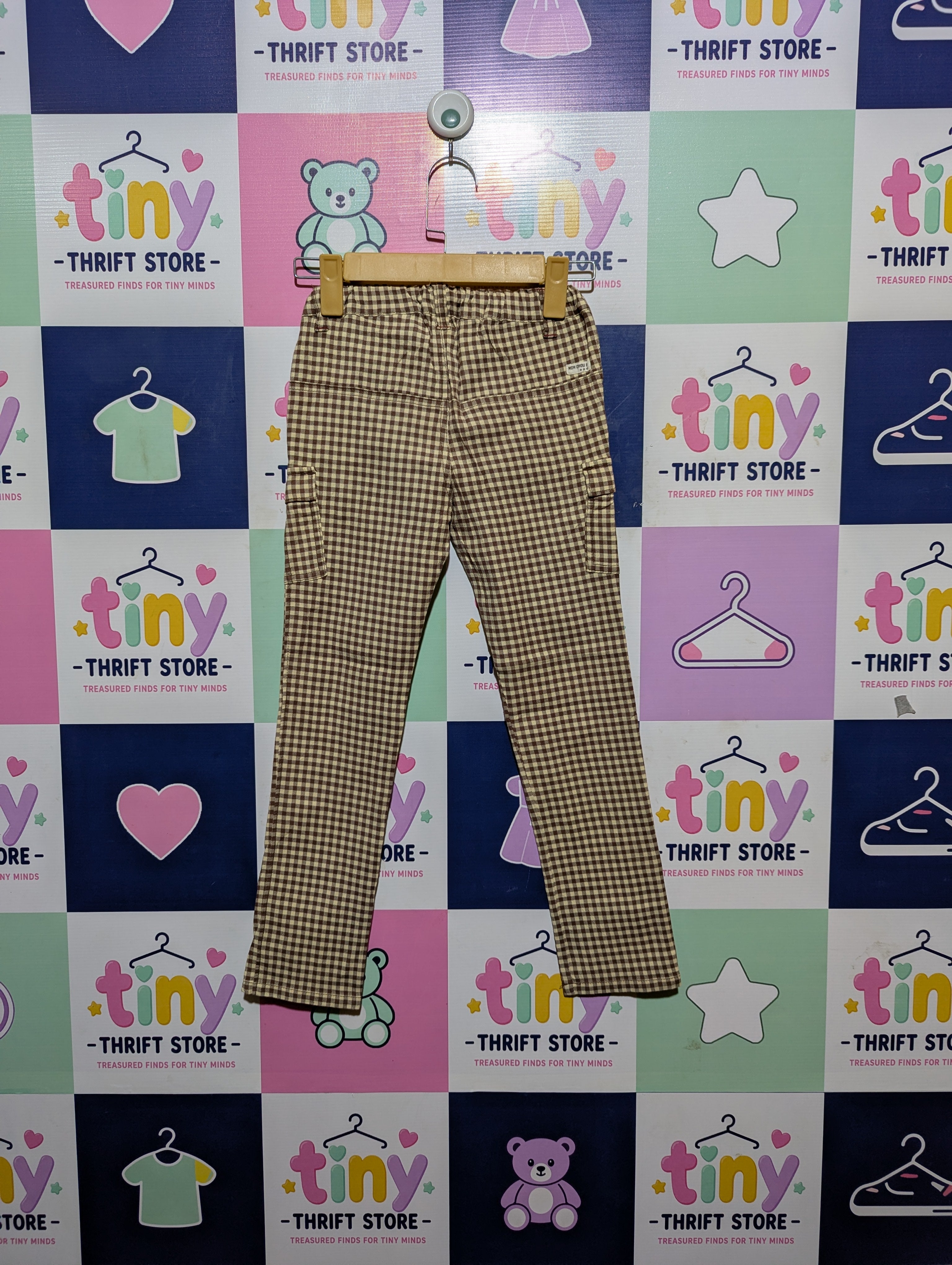 Monchou B Girls Brown Gingham Check Casual Pants - Size 130 CM (Estimated Age 8 Years) AB2