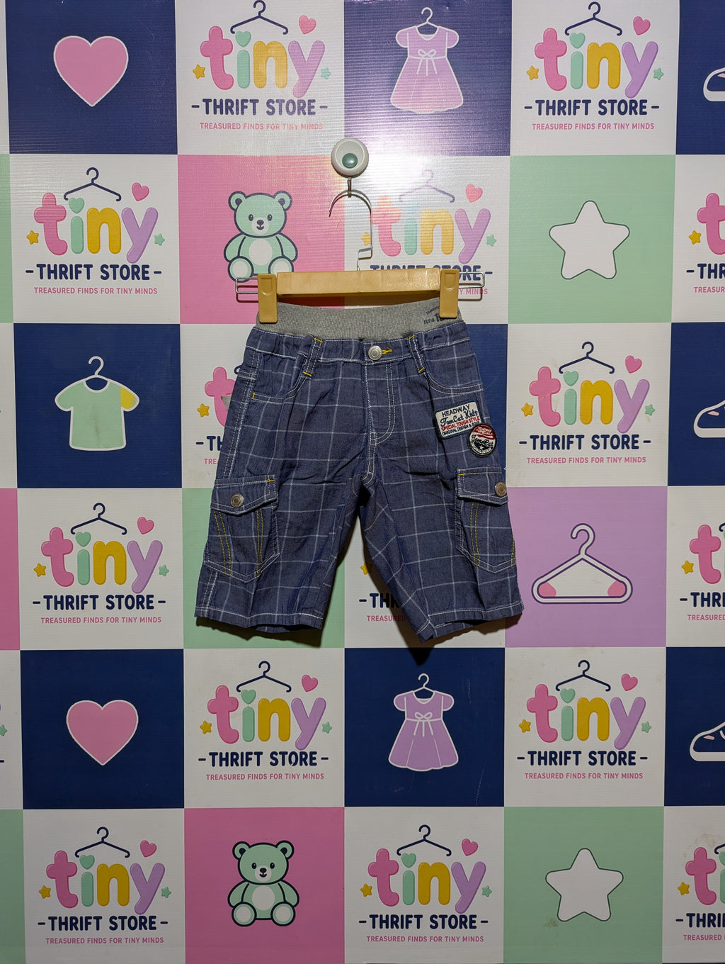 HEADWAY Boys Blue Checkered Cargo Shorts - Size 120, Estimated Age 6-7 Years AB2