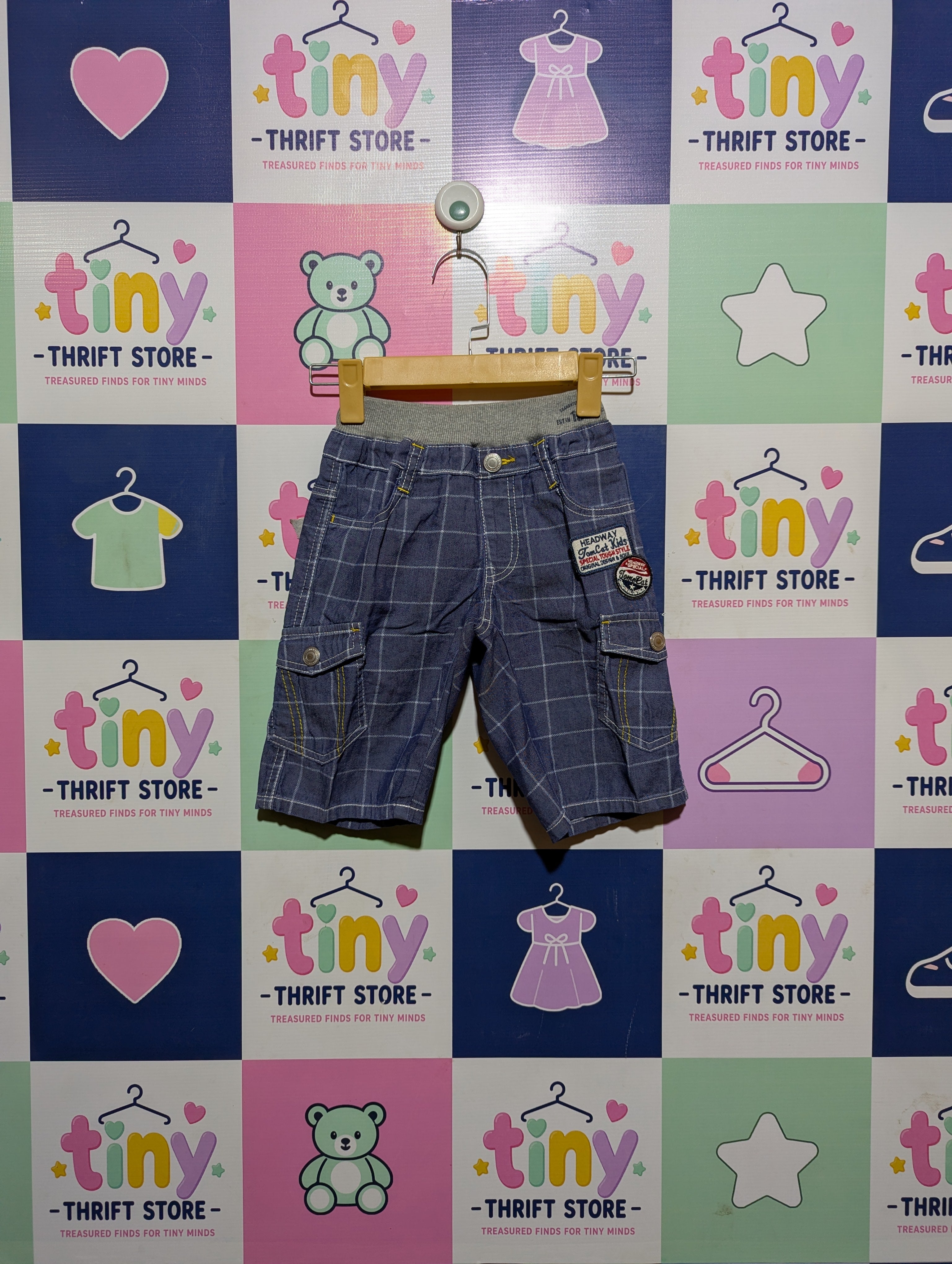 HEADWAY Boys Blue Checkered Cargo Shorts - Size 120, Estimated Age 6-7 Years AB2