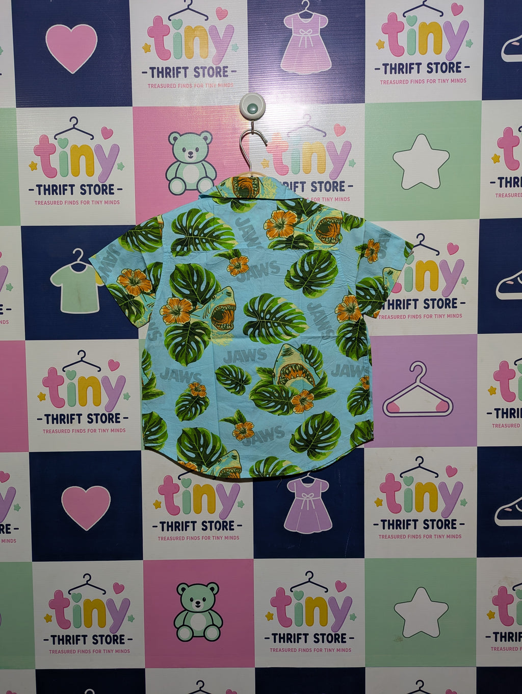 JAWS Boys Light Blue Tropical Shark Print Short Sleeve Button-Down Shirt - Size XS, Estimated Age 4-5 Years AB2