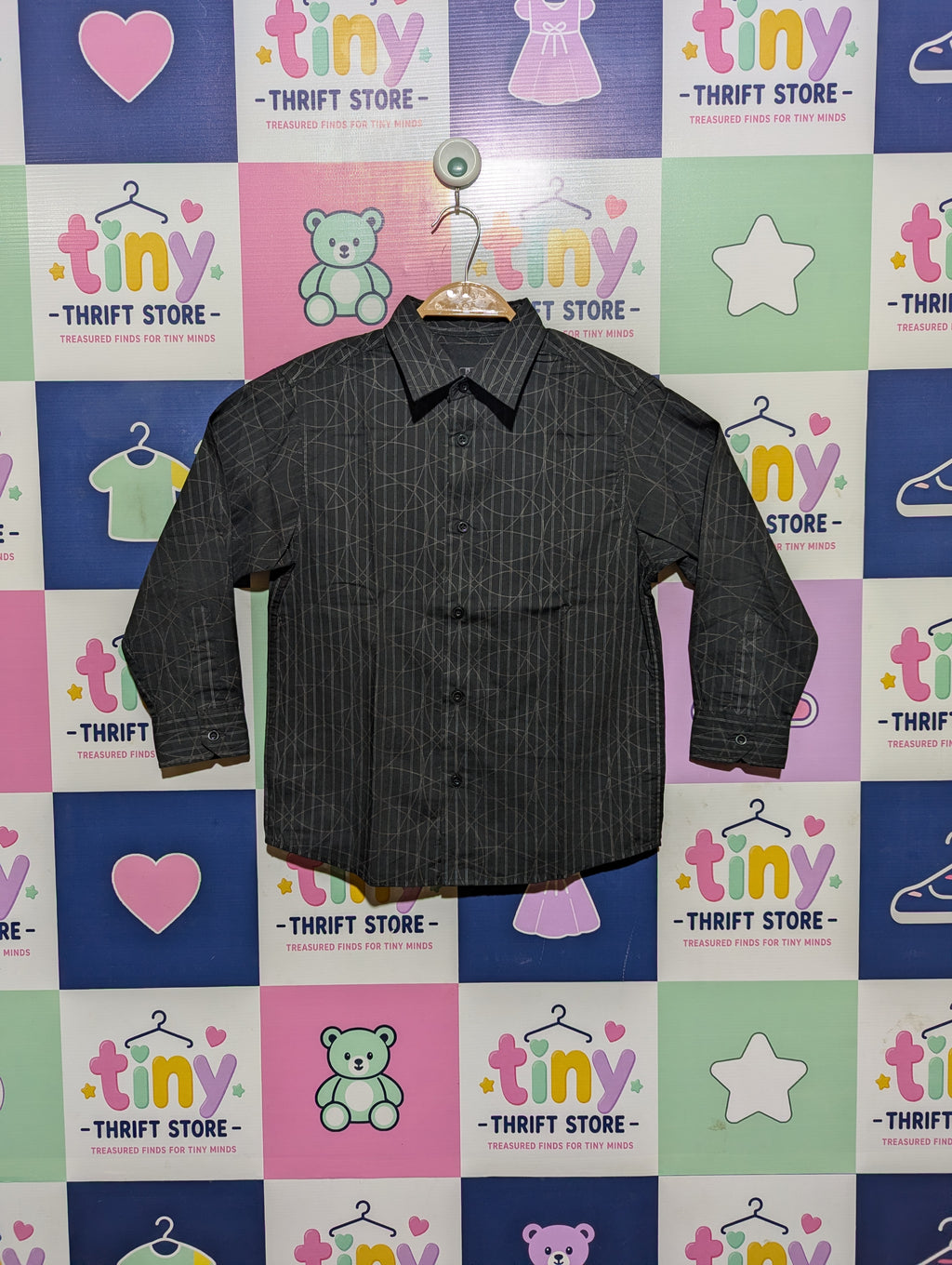CHEROKEE Boys Charcoal Grey Geometric Pattern Long Sleeve Shirt - Size 7-8 Years, Estimated Age 7-8 Years AB2