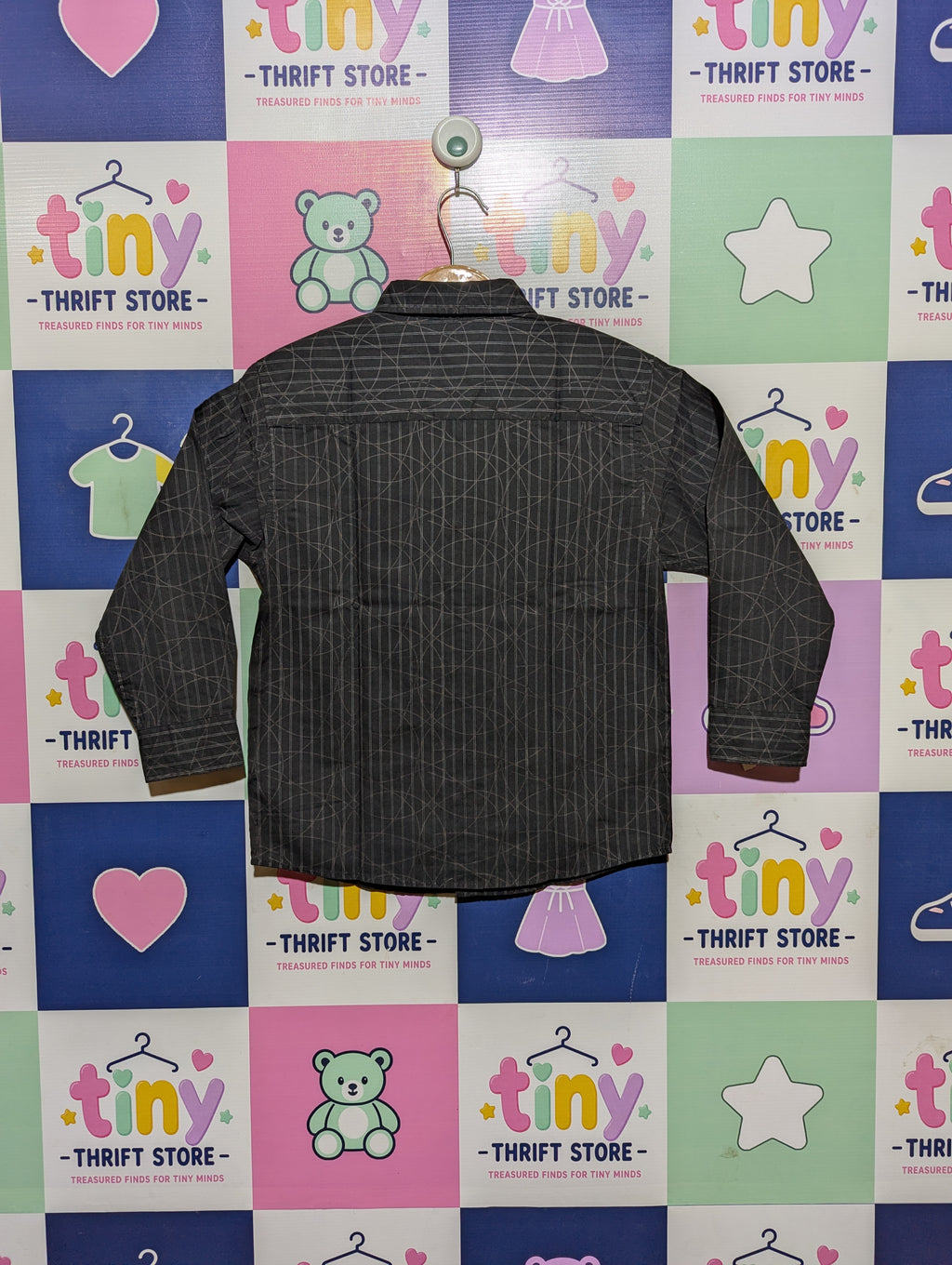 CHEROKEE Boys Charcoal Grey Geometric Pattern Long Sleeve Shirt - Size 7-8 Years, Estimated Age 7-8 Years AB2