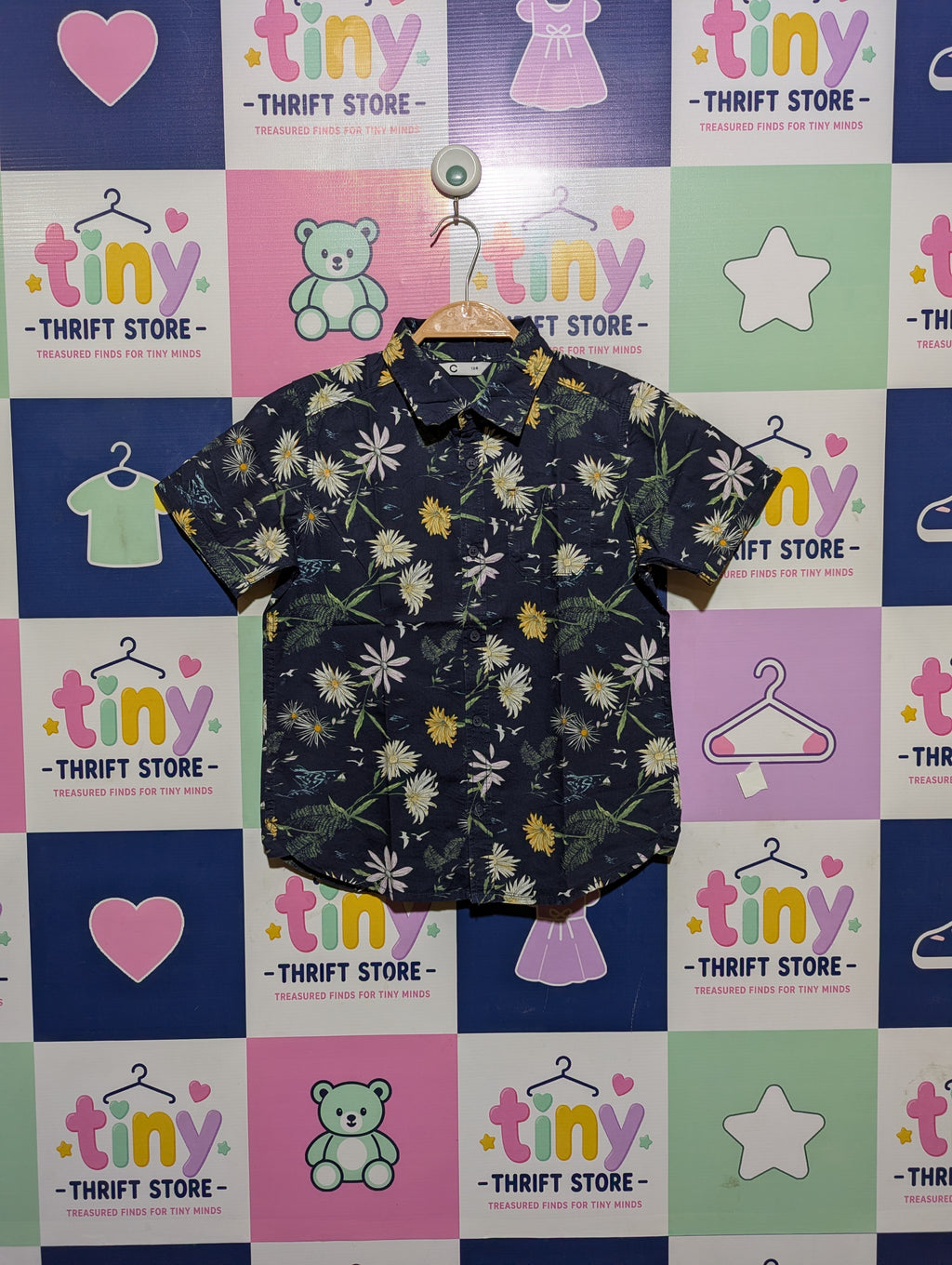 C Boys Navy Blue Floral Print Short Sleeve Button-Down Shirt - Size 128, Estimated Age 7-8 Years AB2