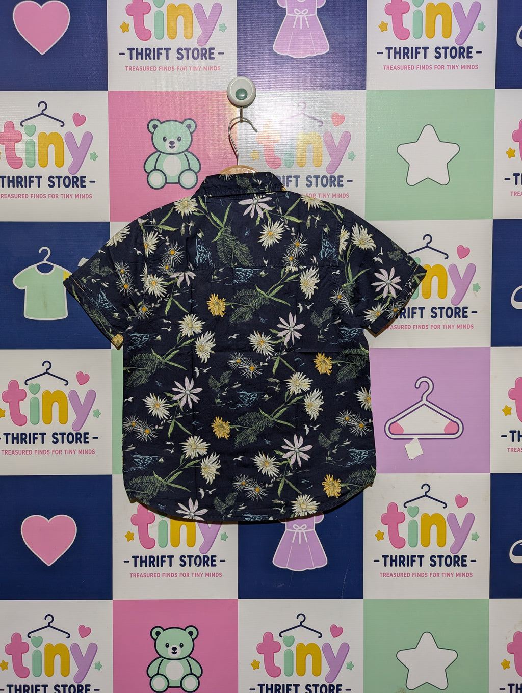C Boys Navy Blue Floral Print Short Sleeve Button-Down Shirt - Size 128, Estimated Age 7-8 Years AB2