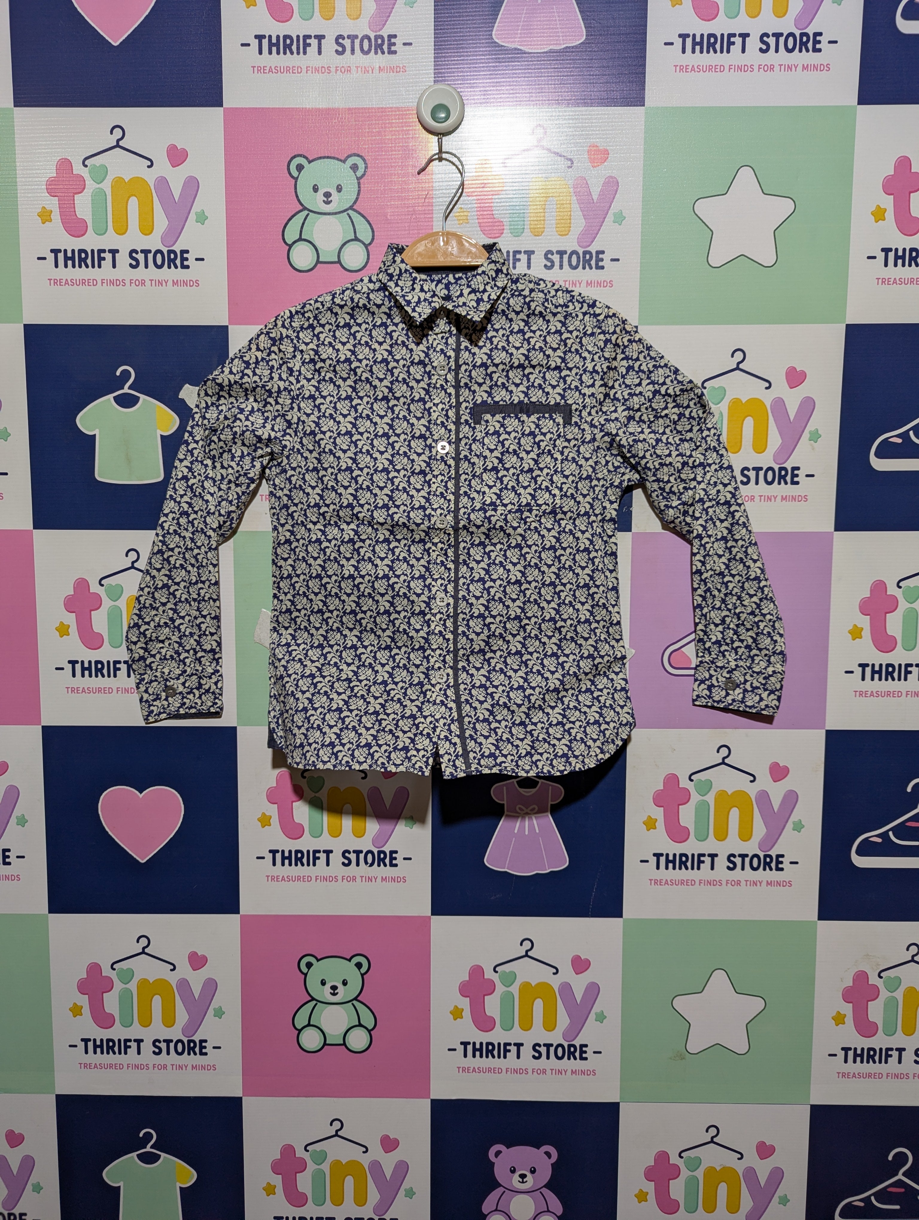 COMME CA FILLE Girls Blue & White Patterned Long Sleeve Shirt - Size 130A, Estimated Age 8-9 Years AB2