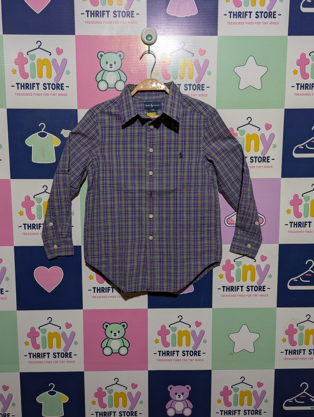 RALPH LAUREN Boys Purple and Green Plaid Long Sleeve Button-Down Shirt - Size S (8), Estimated Age 7-8 Years AB2