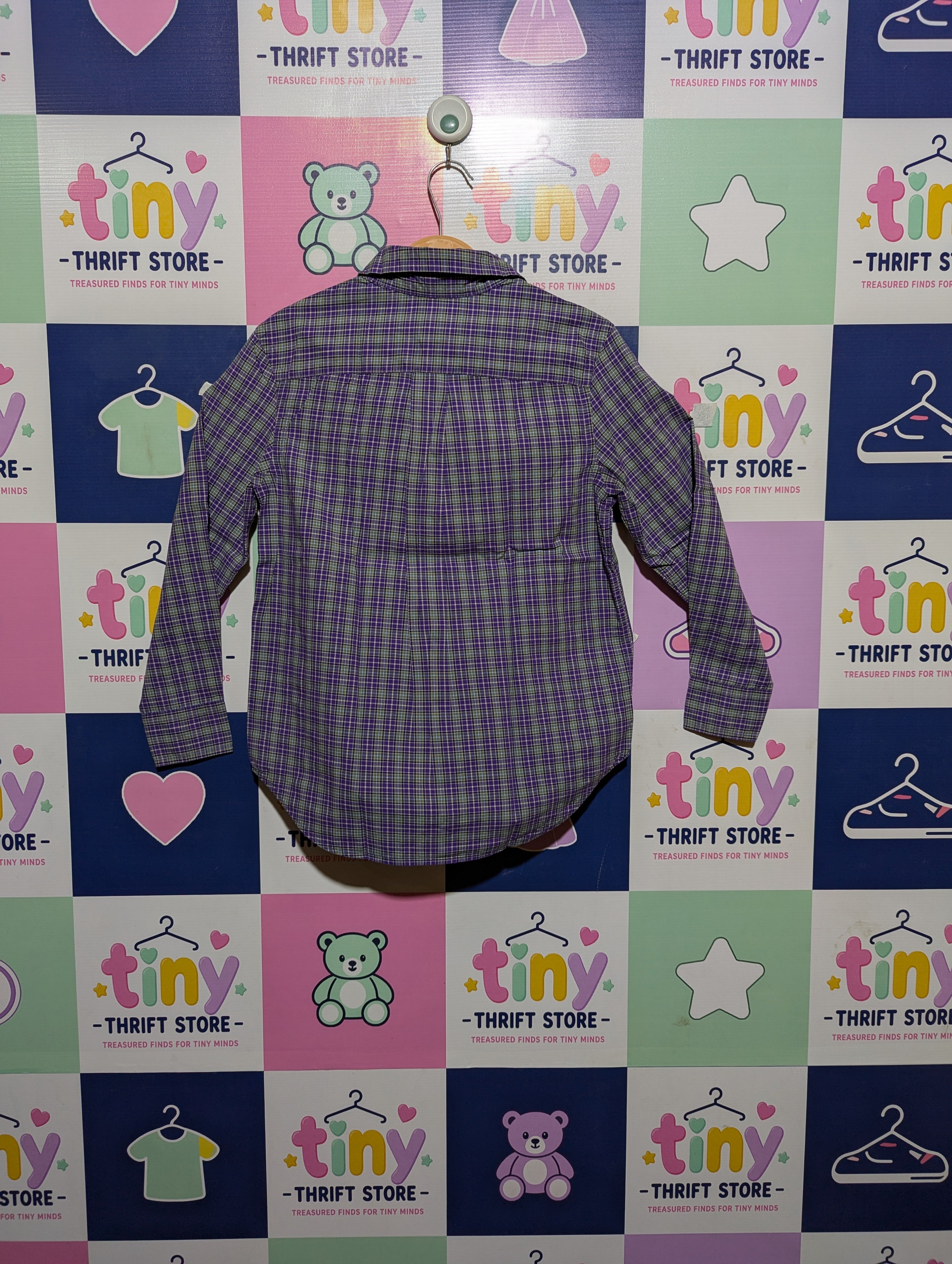 RALPH LAUREN Boys Purple and Green Plaid Long Sleeve Button-Down Shirt - Size S (8), Estimated Age 7-8 Years AB2