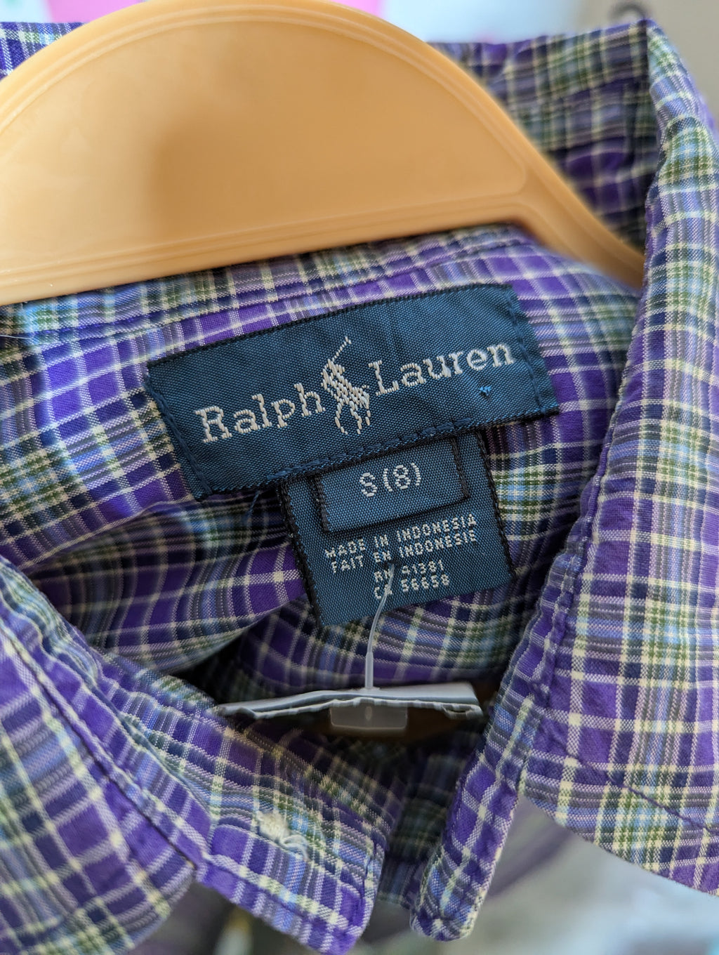 RALPH LAUREN Boys Purple and Green Plaid Long Sleeve Button-Down Shirt - Size S (8), Estimated Age 7-8 Years AB2