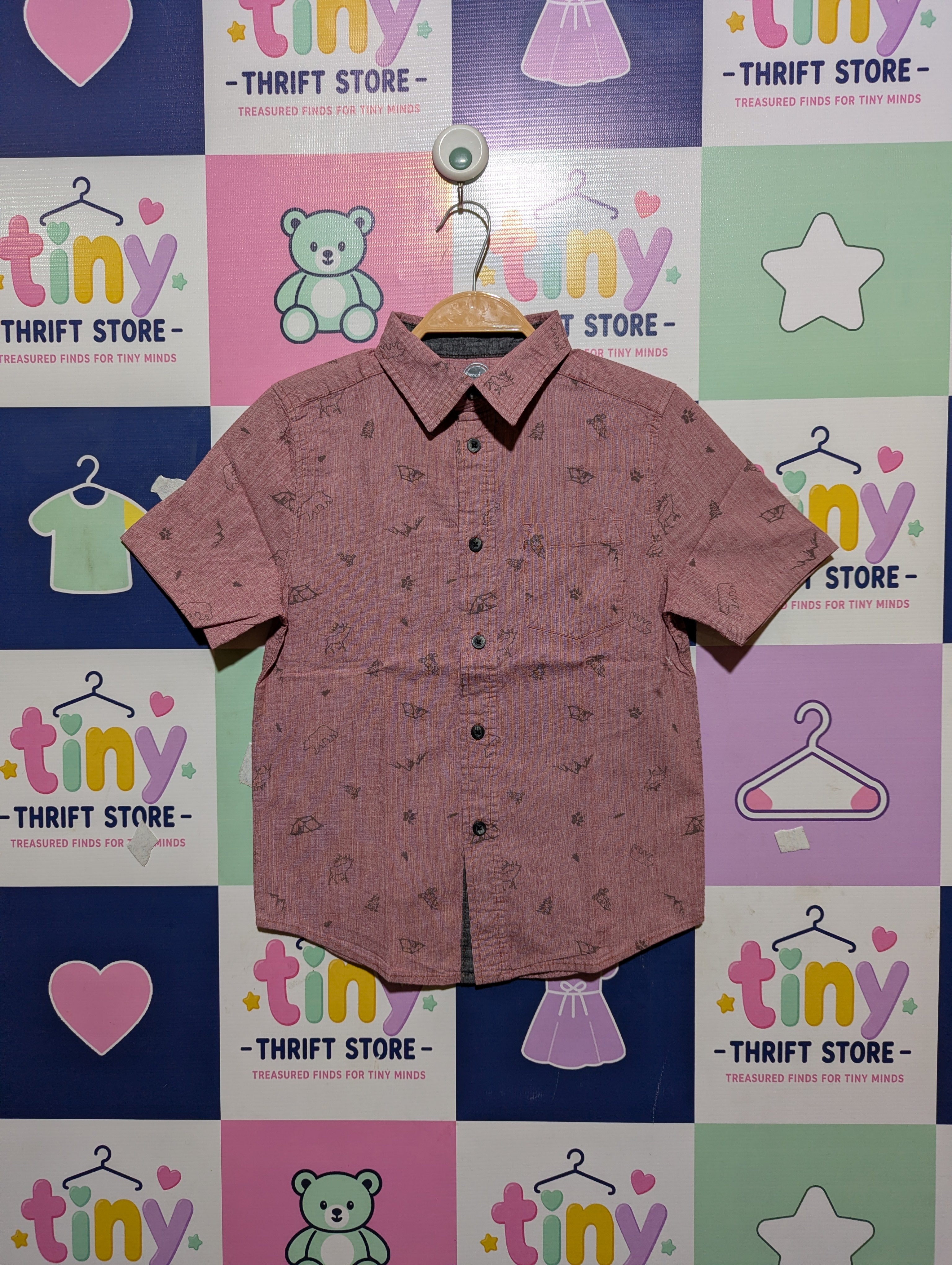 WONDER NATION Boys Red/Rust Wilderness Print Short Sleeve Button-Down Shirt - Size S (6-7), Estimated Age 6-7 Years AB2