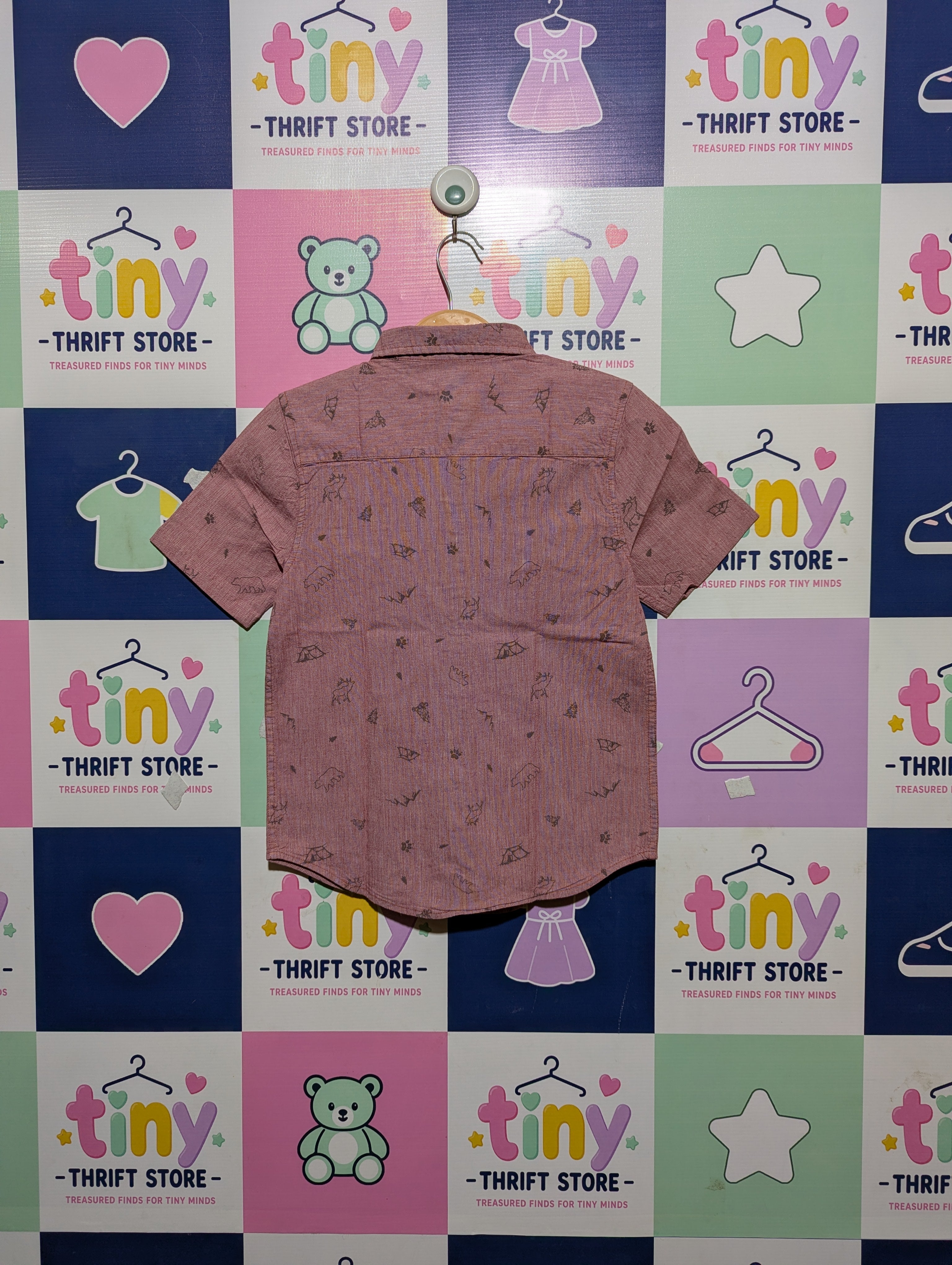 WONDER NATION Boys Red/Rust Wilderness Print Short Sleeve Button-Down Shirt - Size S (6-7), Estimated Age 6-7 Years AB2