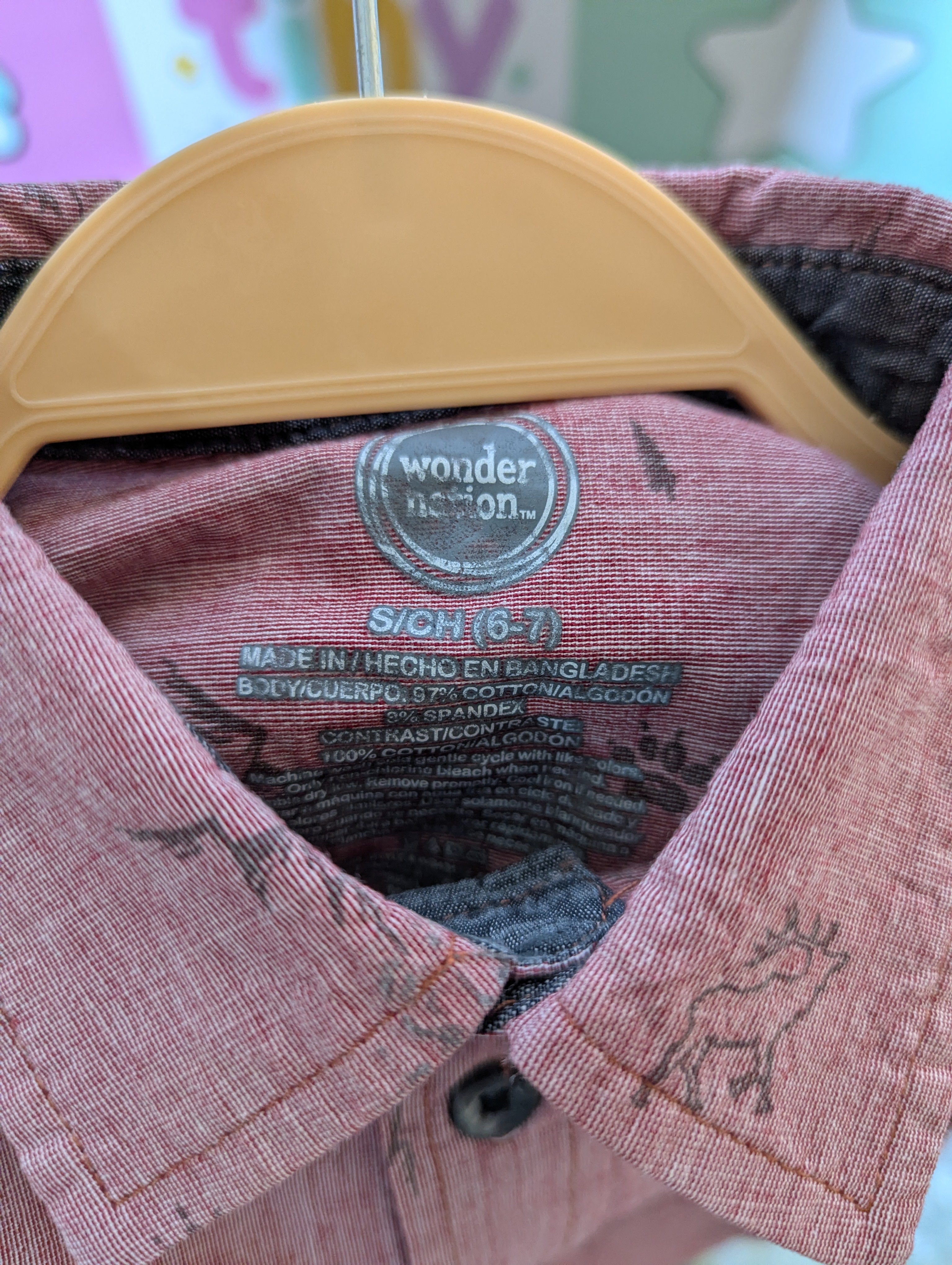 WONDER NATION Boys Red/Rust Wilderness Print Short Sleeve Button-Down Shirt - Size S (6-7), Estimated Age 6-7 Years AB2