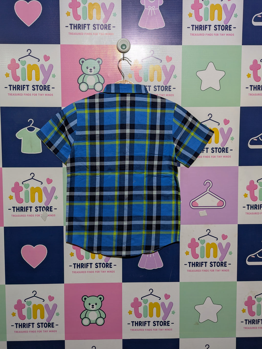CAT & JACK Boys Blue and Lime Plaid Short Sleeve Button-Down Shirt - Size S (6-7), Estimated Age 6-7 Years AB2