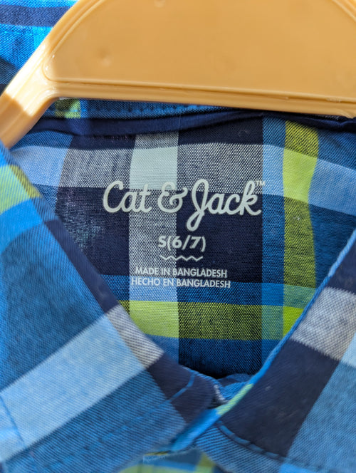 CAT & JACK Boys Blue and Lime Plaid Short Sleeve Button-Down Shirt - Size S (6-7), Estimated Age 6-7 Years AB2