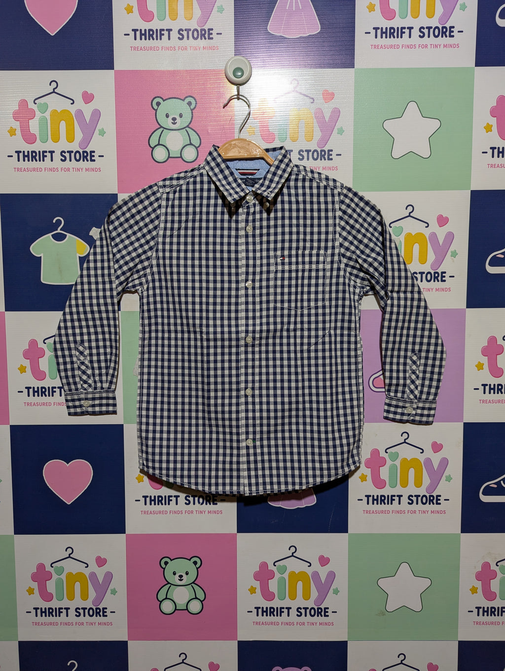 TOMMY HILFIGER Boys Navy and White Gingham Long Sleeve Button-Down Shirt - Size 7, Estimated Age 7 Years AB2