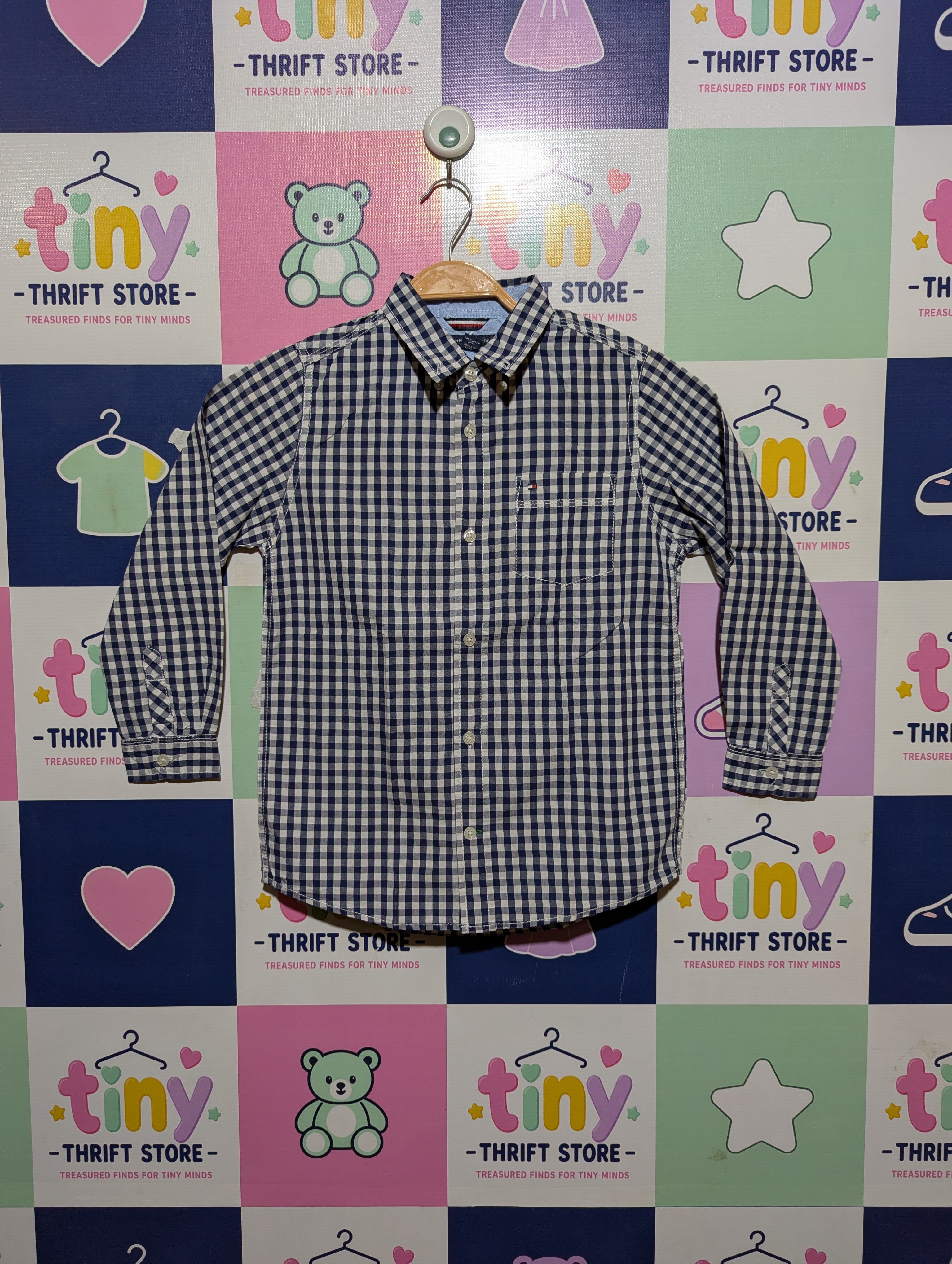 TOMMY HILFIGER Boys Navy and White Gingham Long Sleeve Button-Down Shirt - Size 7, Estimated Age 7 Years AB2