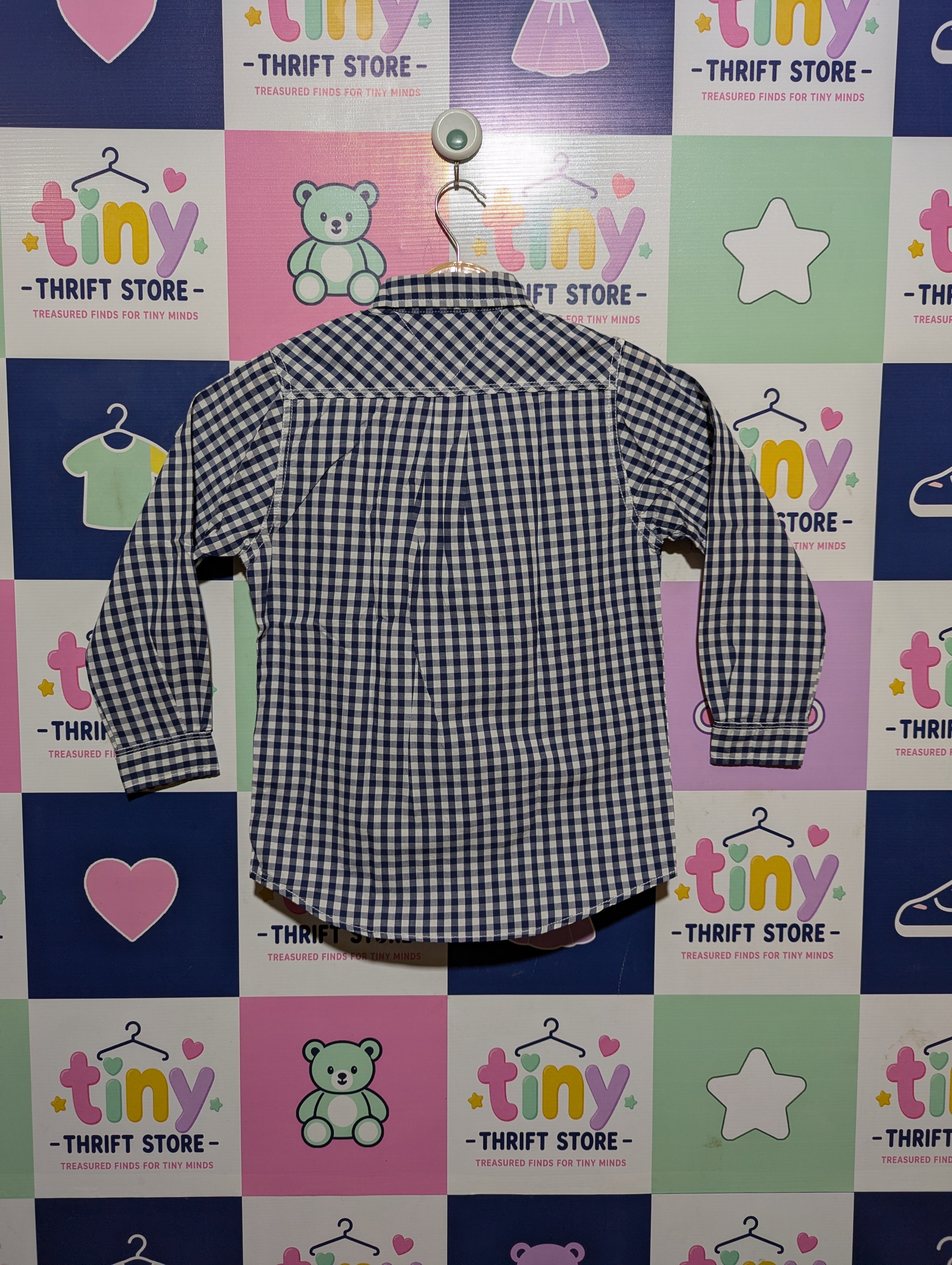 TOMMY HILFIGER Boys Navy and White Gingham Long Sleeve Button-Down Shirt - Size 7, Estimated Age 7 Years AB2