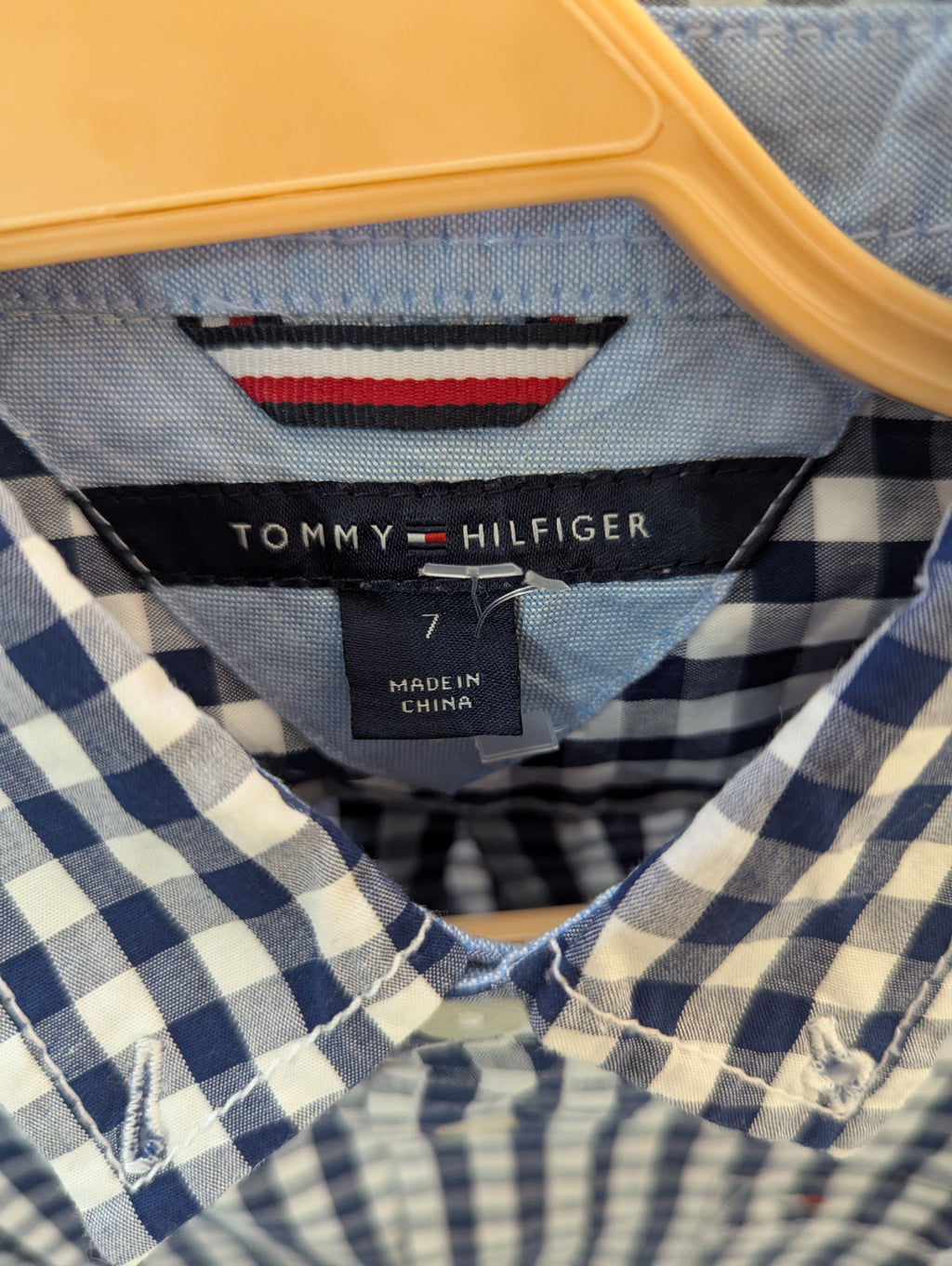 TOMMY HILFIGER Boys Navy and White Gingham Long Sleeve Button-Down Shirt - Size 7, Estimated Age 7 Years AB2