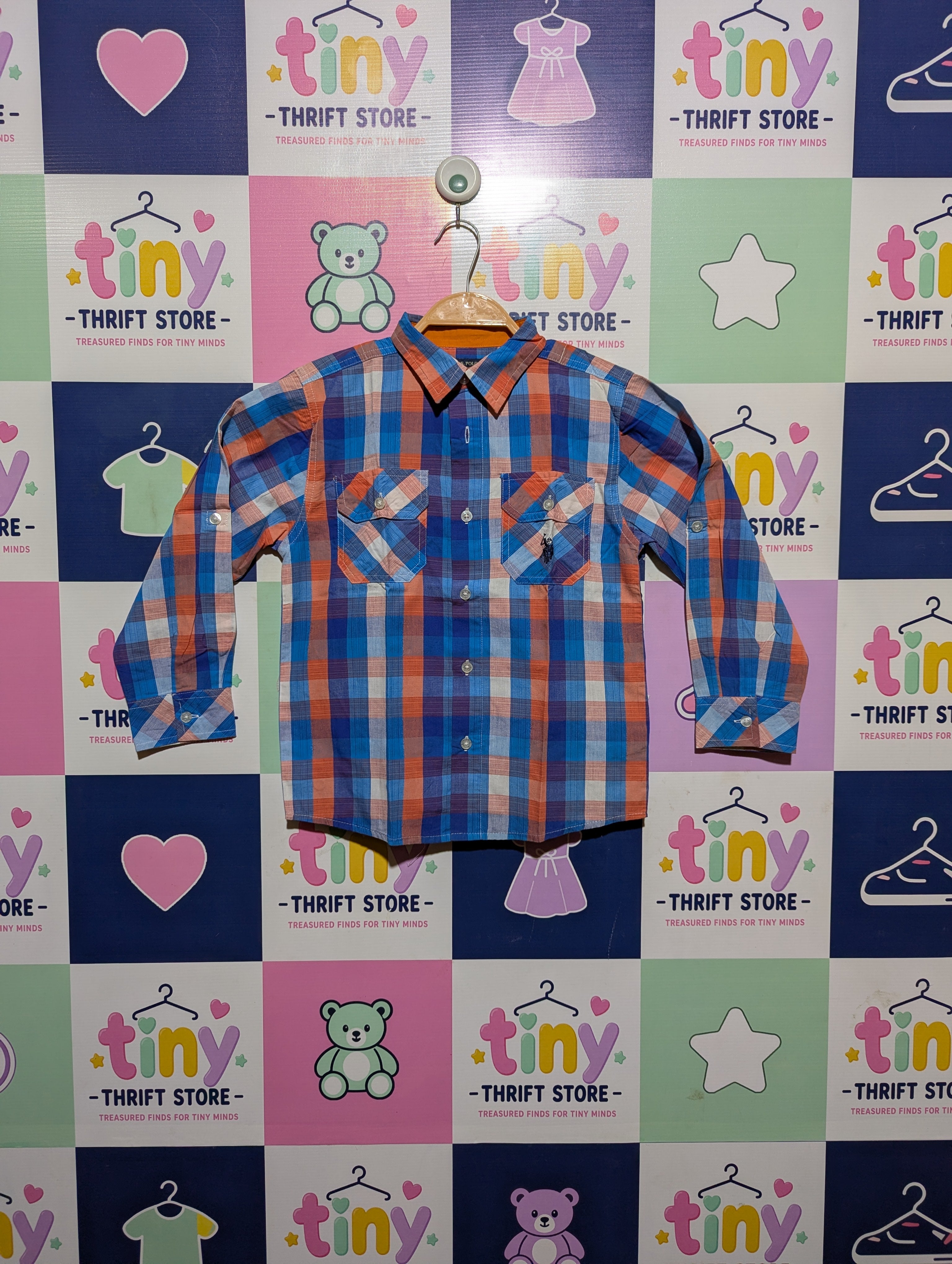 U.S. POLO ASSN. Boys Blue and Orange Plaid Long Sleeve Button-Down Shirt - Size 7, Estimated Age 7 Years AB2