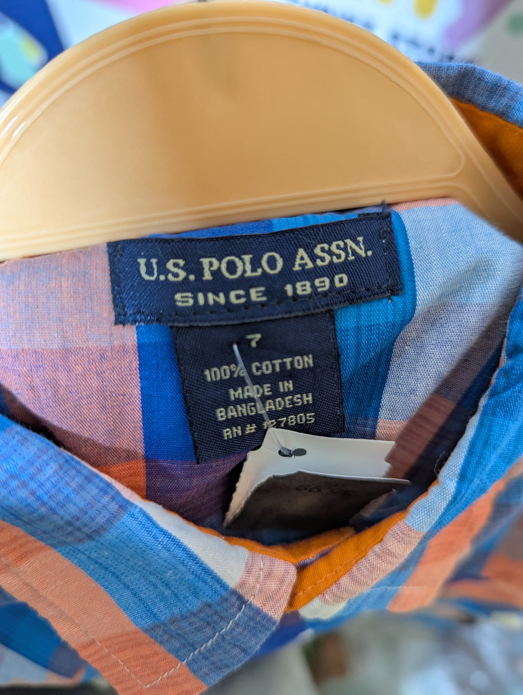 U.S. POLO ASSN. Boys Blue and Orange Plaid Long Sleeve Button-Down Shirt - Size 7, Estimated Age 7 Years AB2