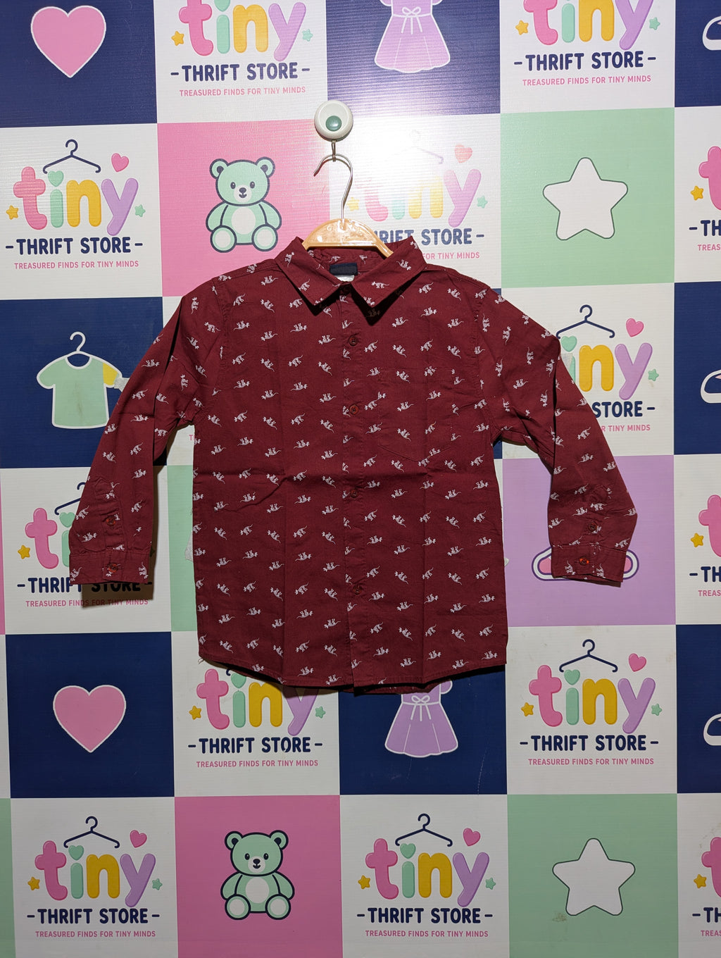 Boys Maroon "Dinosaur Print" Long Sleeve Button-Down Shirt - Size 7, Estimated Age 7 Years AB2