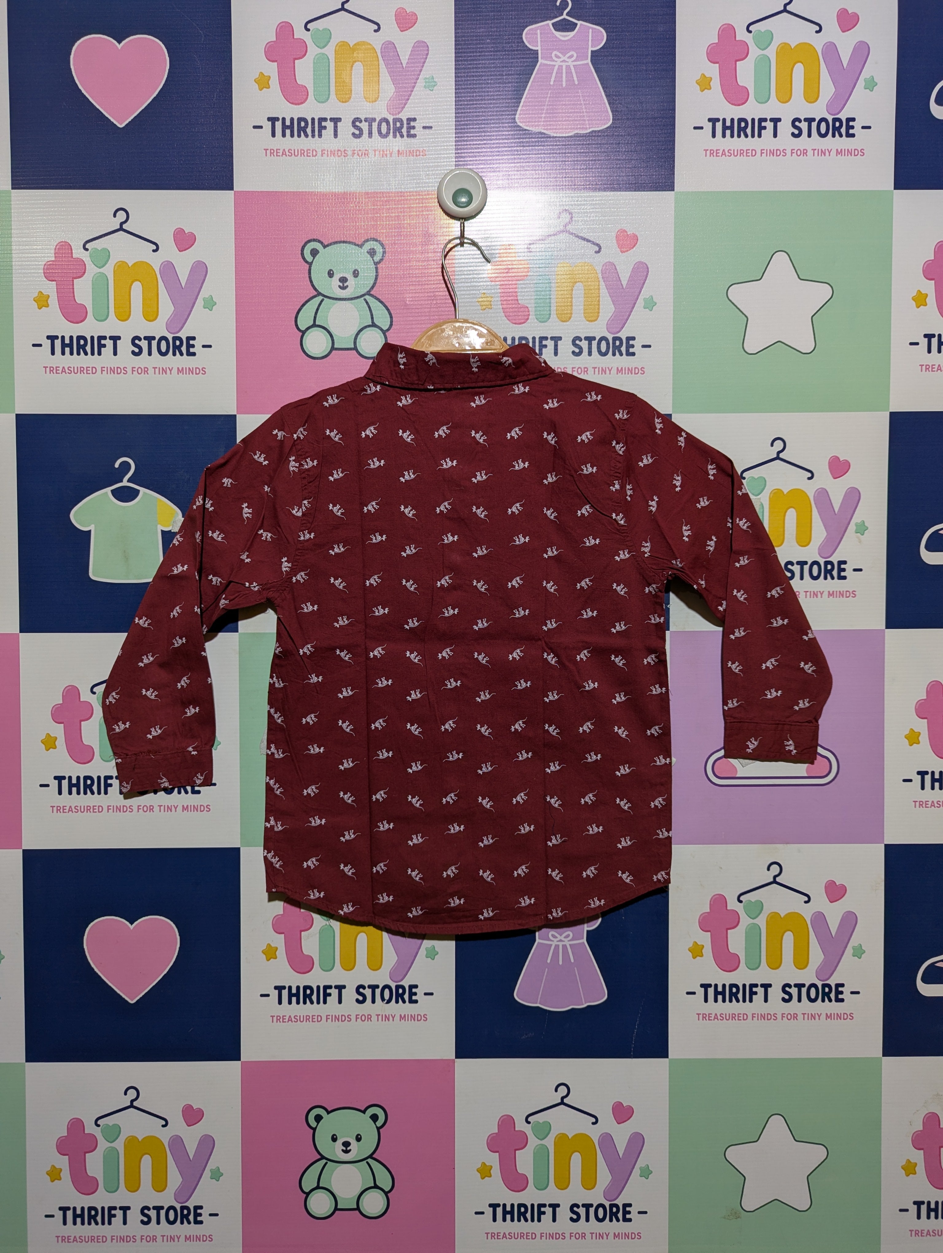 Boys Maroon "Dinosaur Print" Long Sleeve Button-Down Shirt - Size 7, Estimated Age 7 Years AB2