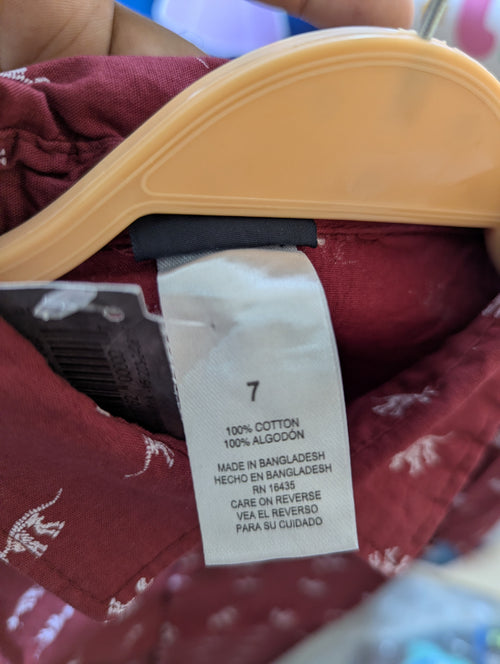 Boys Maroon "Dinosaur Print" Long Sleeve Button-Down Shirt - Size 7, Estimated Age 7 Years AB2
