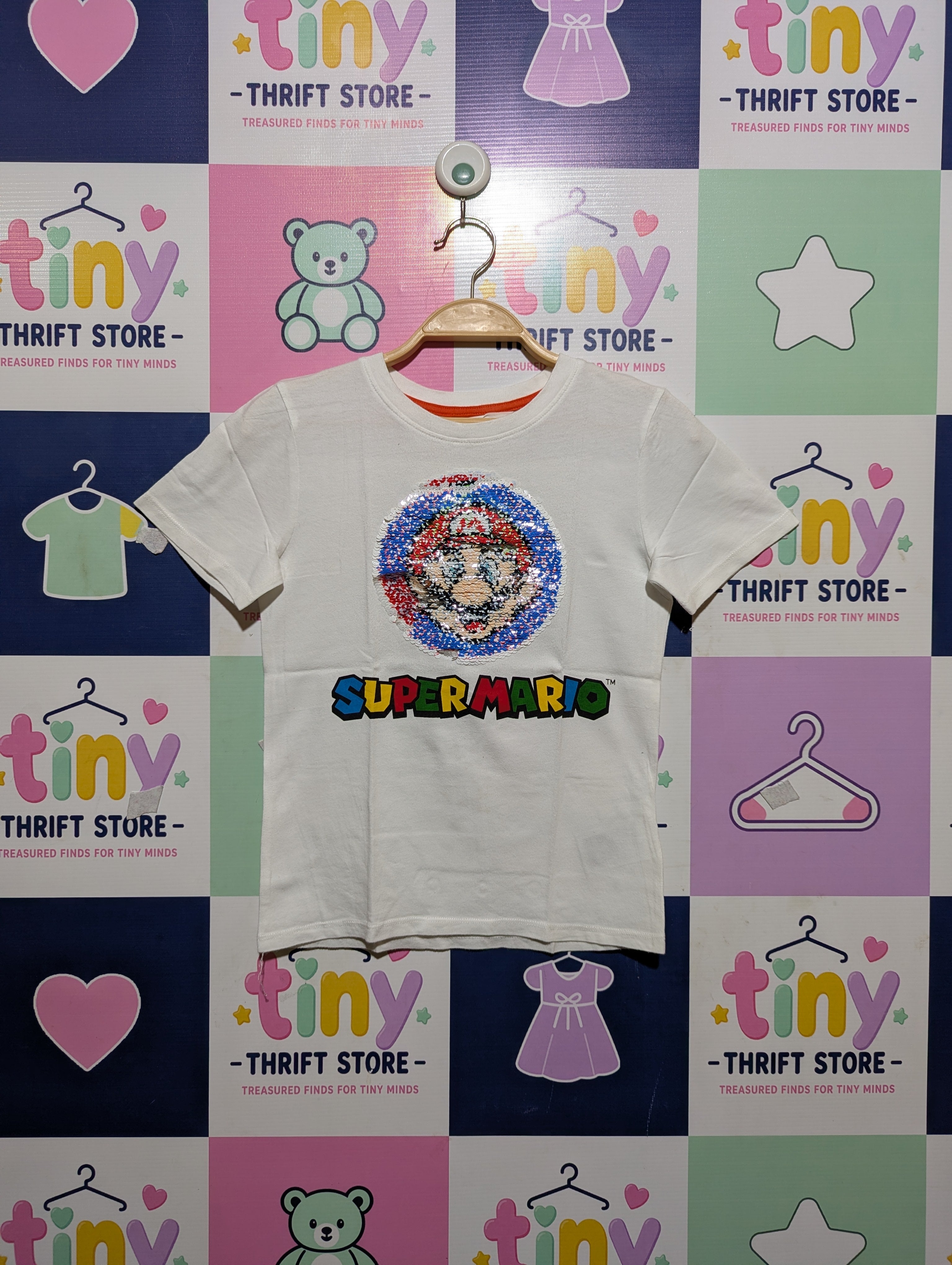 H&M Boys White "Super Mario" Reversible Sequin T-Shirt - Size 6-8 Years, Estimated Age 7 Years AB2