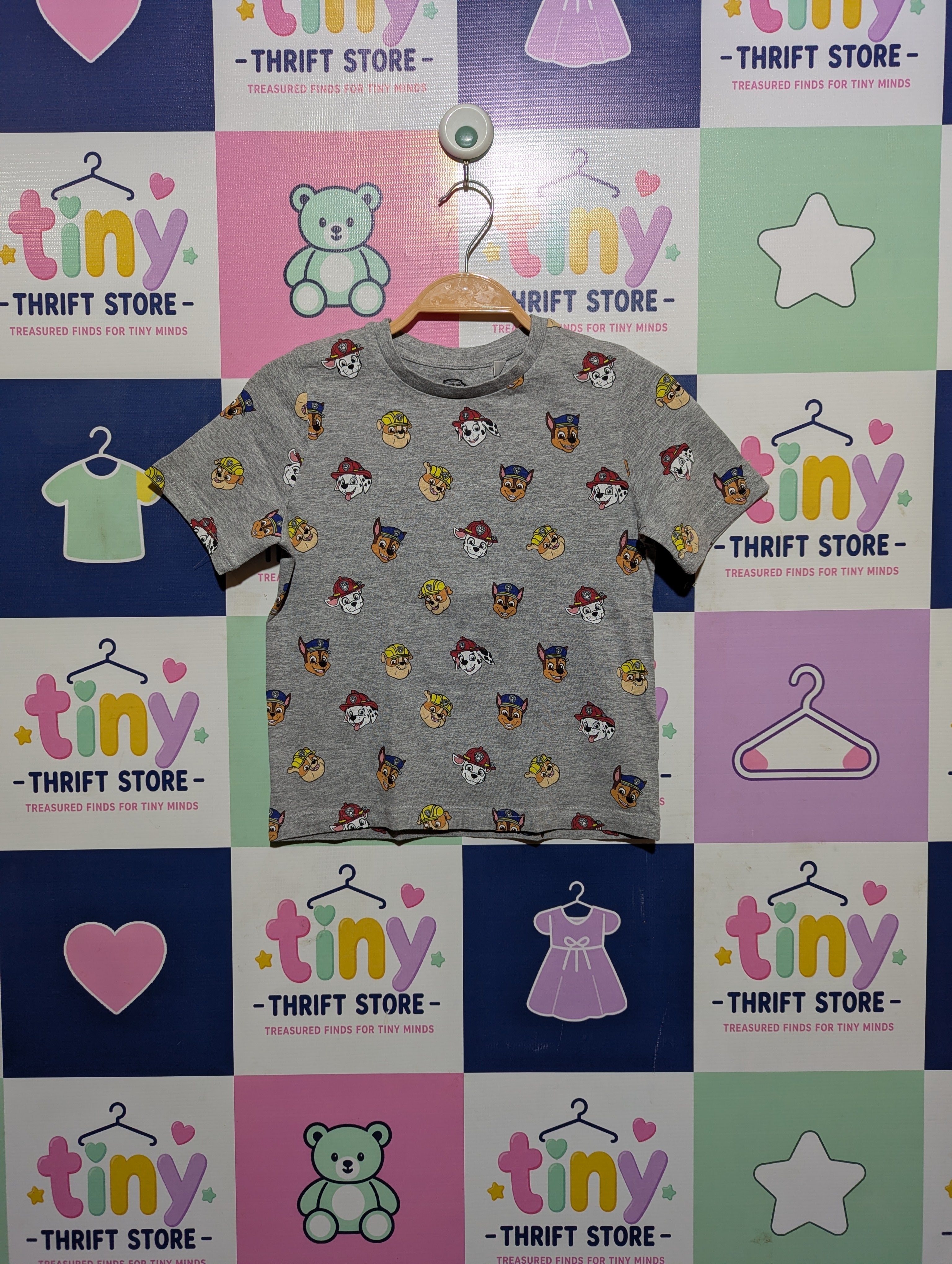 Nickelodeon Paw Patrol Boys Heather Grey "All-Over Character Print" Short Sleeve Tee - Size Estimated Age 6-7 Years AB2