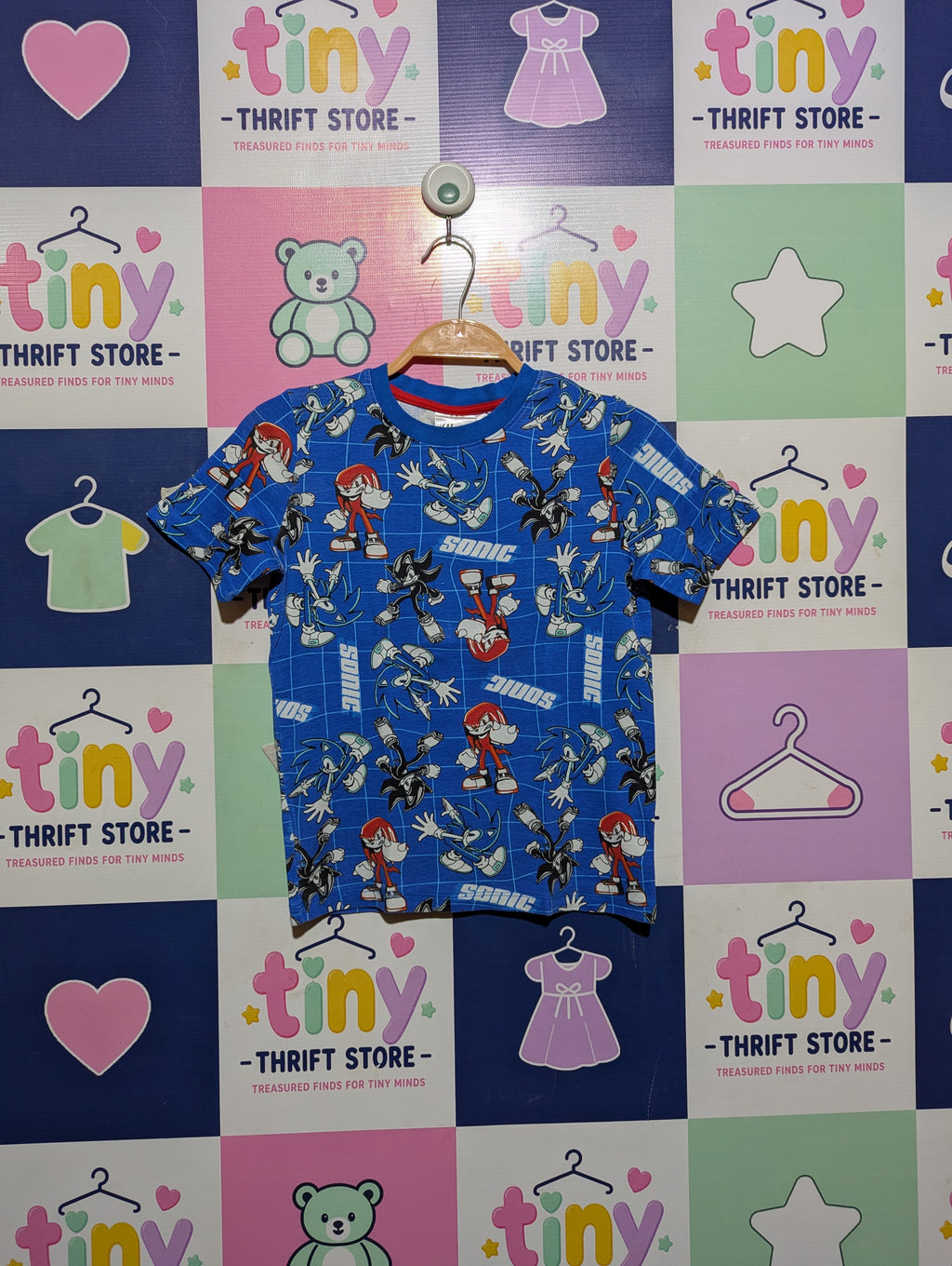 H&M Boys Blue "Sonic the Hedgehog" All-Over Print Tee - Size Estimated Age 6-8 Years AB2