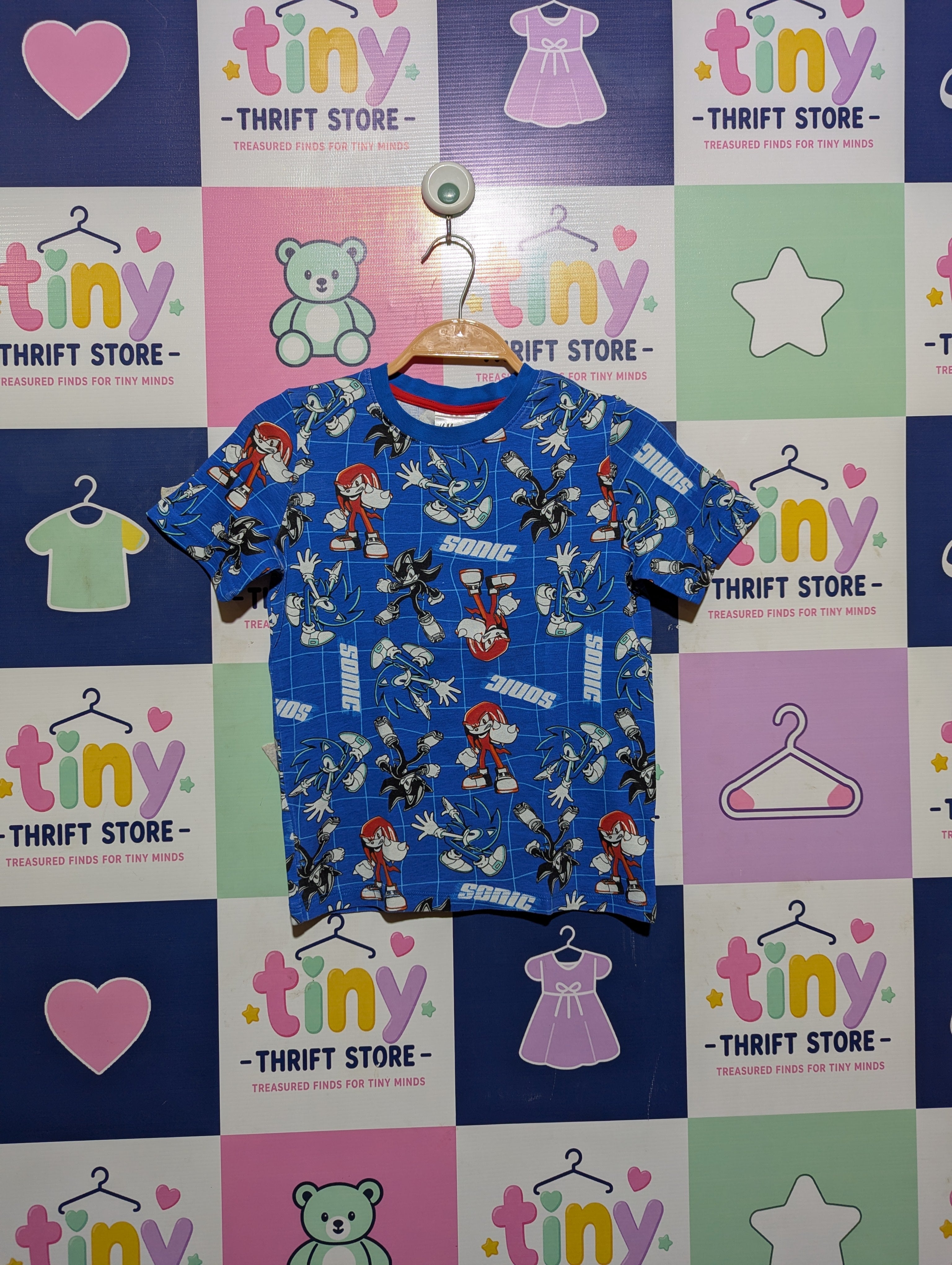 H&M Boys Blue "Sonic the Hedgehog" All-Over Print Tee - Size Estimated Age 6-8 Years AB2