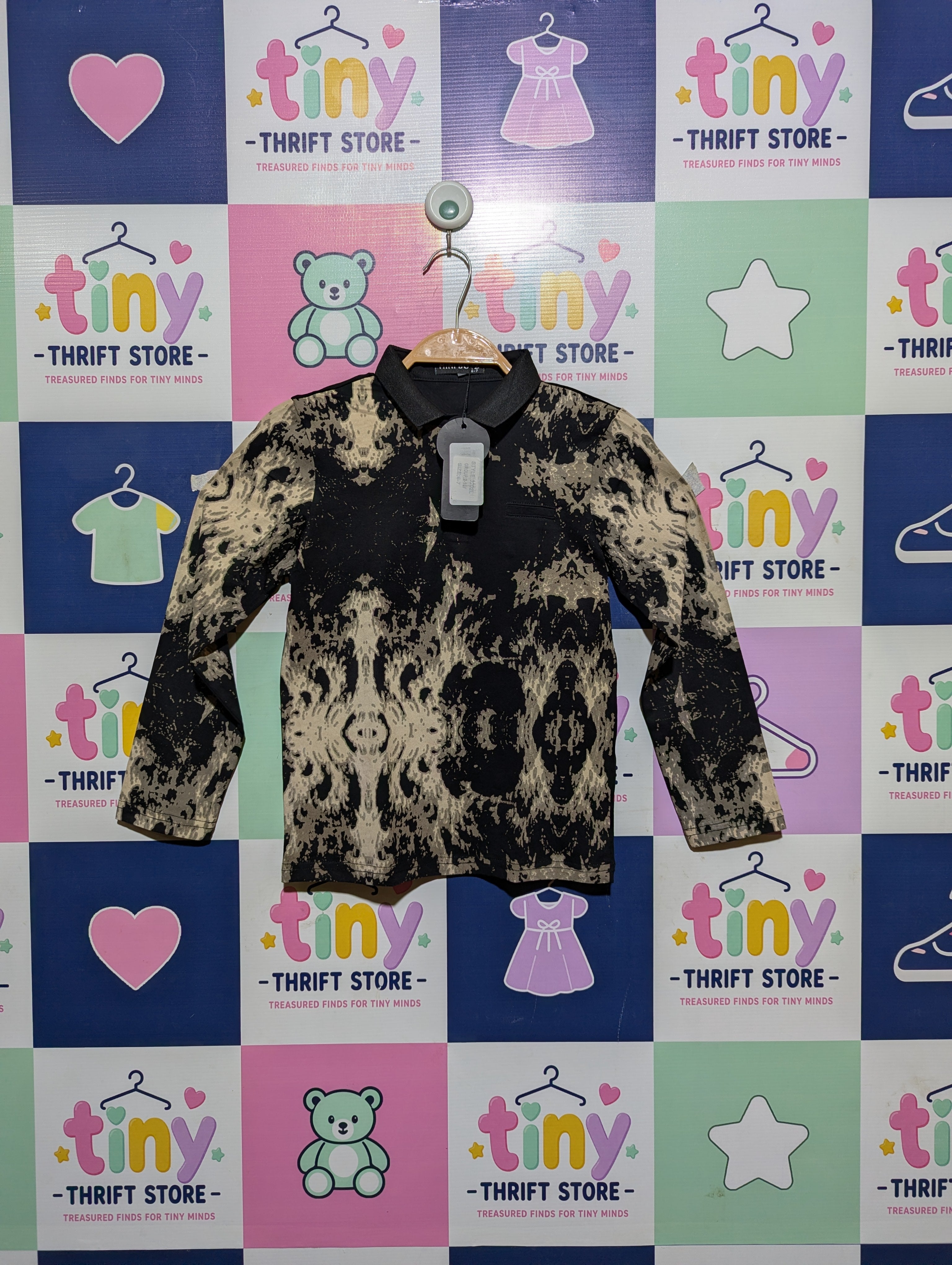 Appaman Boys Black & Tan "Abstract Print" Long Sleeve Polo - Size Estimated Age 6-7 Years AB2