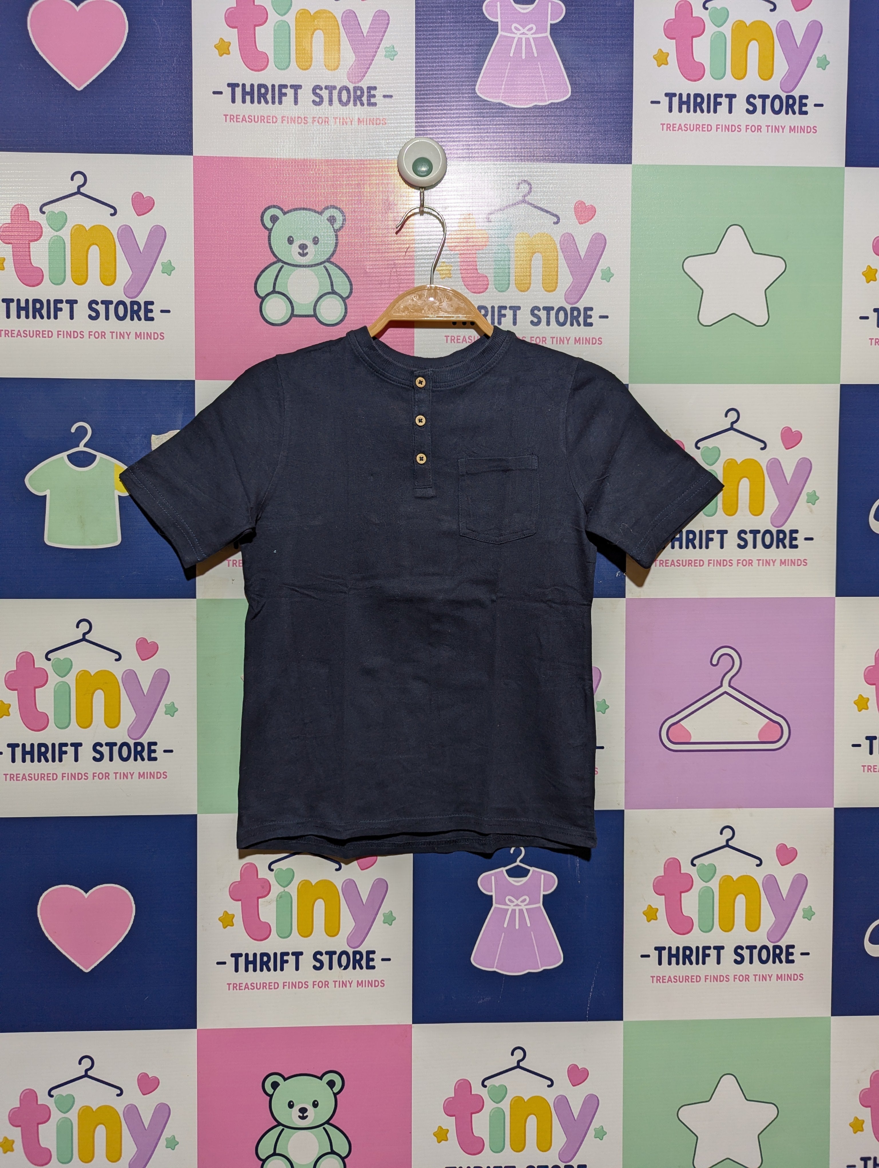 Kiabi Boys Navy Blue Henley Pocket Tee - Size 8A Estimated Age 8 Years AB2