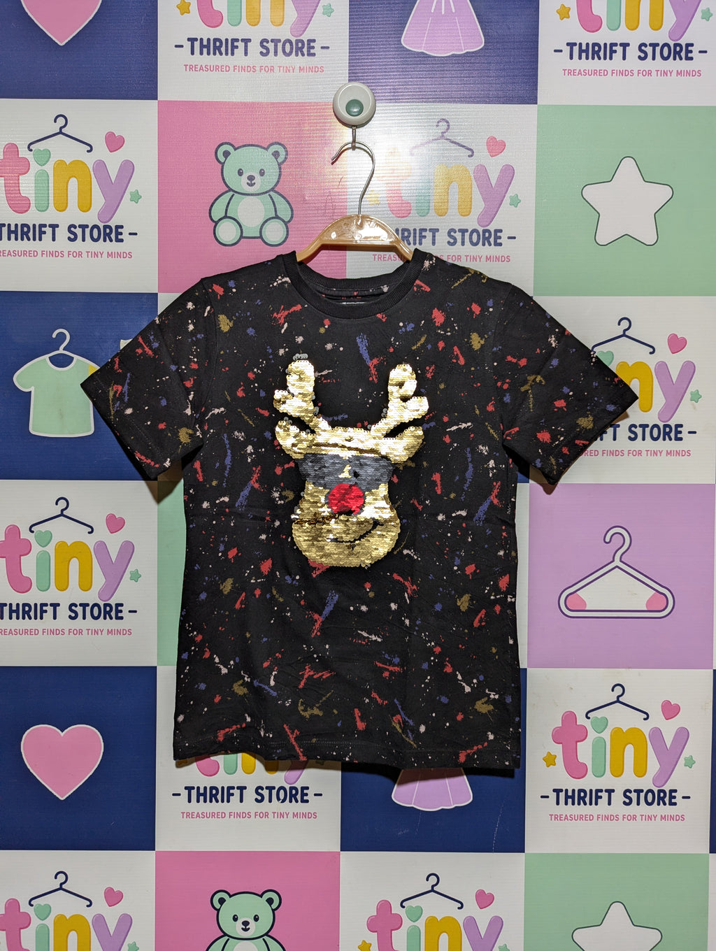 Next Boys Black Paint Splatter "Reindeer Sequin" Tee - Size 8 Years Estimated Age 8 Years AB2