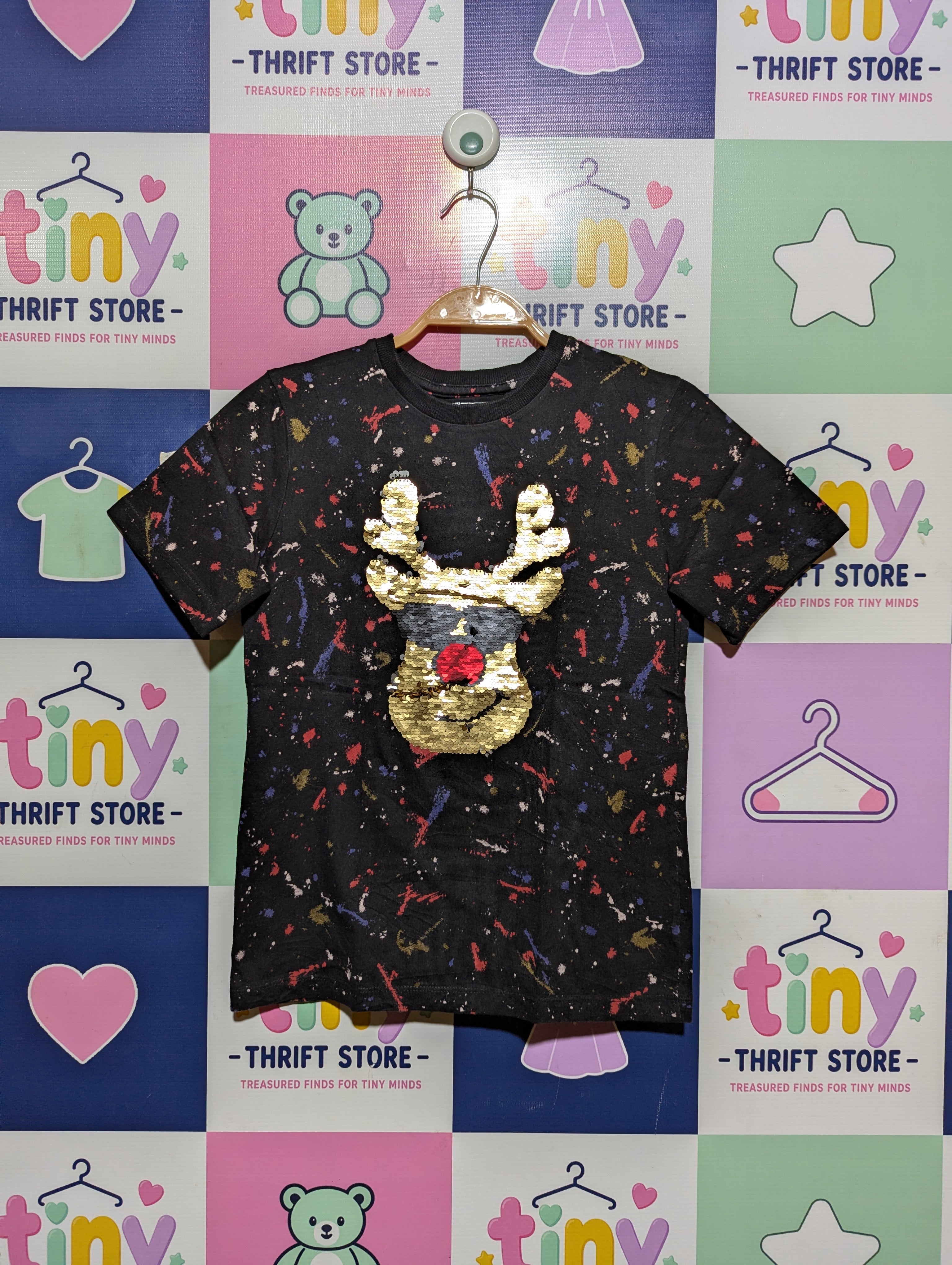 Next Boys Black Paint Splatter "Reindeer Sequin" Tee - Size 8 Years Estimated Age 8 Years AB2