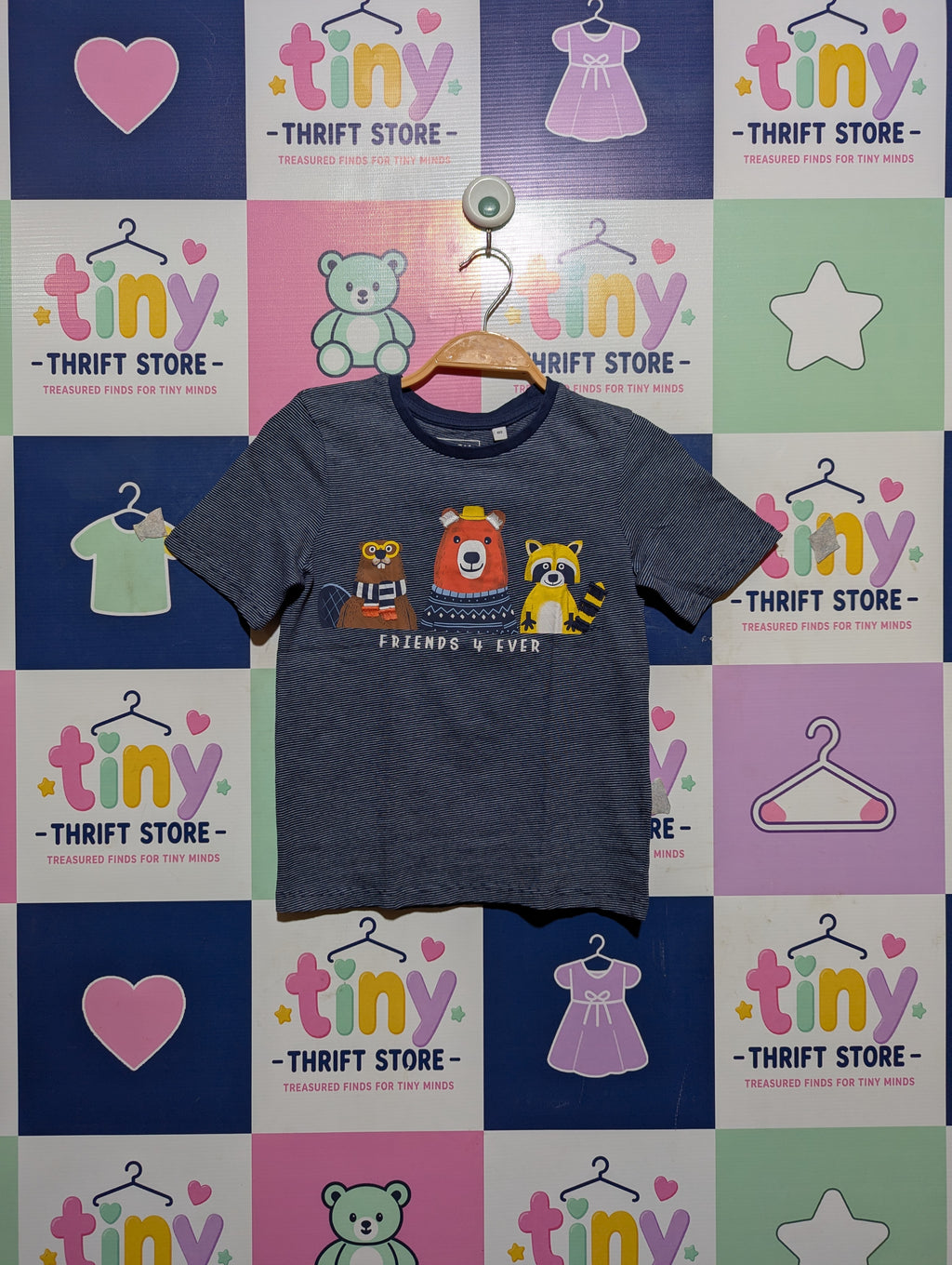 Tough Team Boys Navy Blue Striped "Friends 4 Ever" Graphic Tee - Size 122 Estimated Age 7 Years AB2
