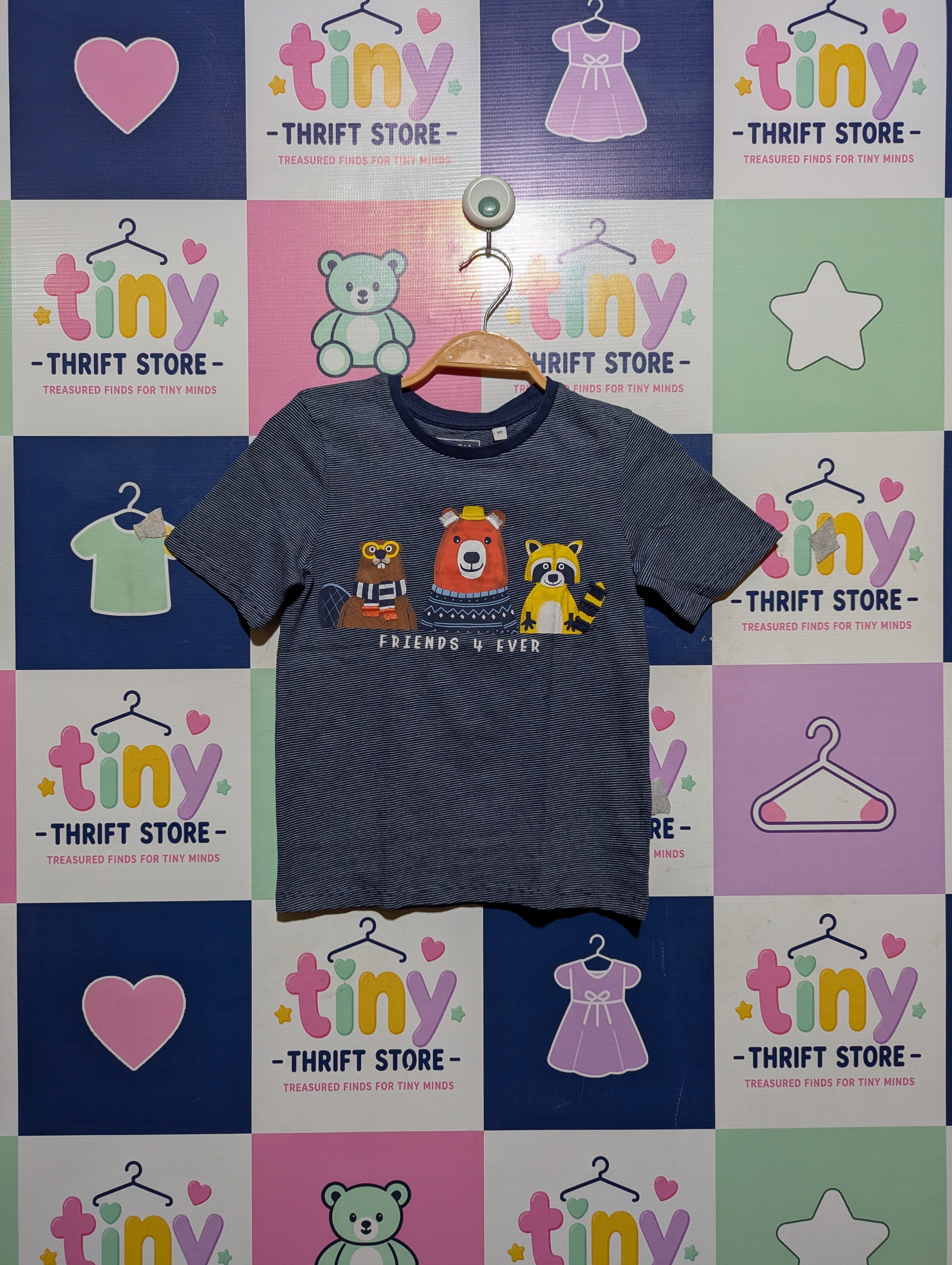 Tough Team Boys Navy Blue Striped "Friends 4 Ever" Graphic Tee - Size 122 Estimated Age 7 Years AB2