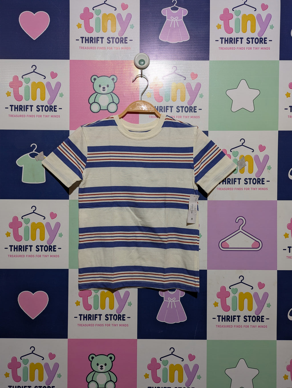 Wonder Nation Boys Cream & Blue Striped Tee - Size S (6-7) Estimated Age 6-7 Years AB2