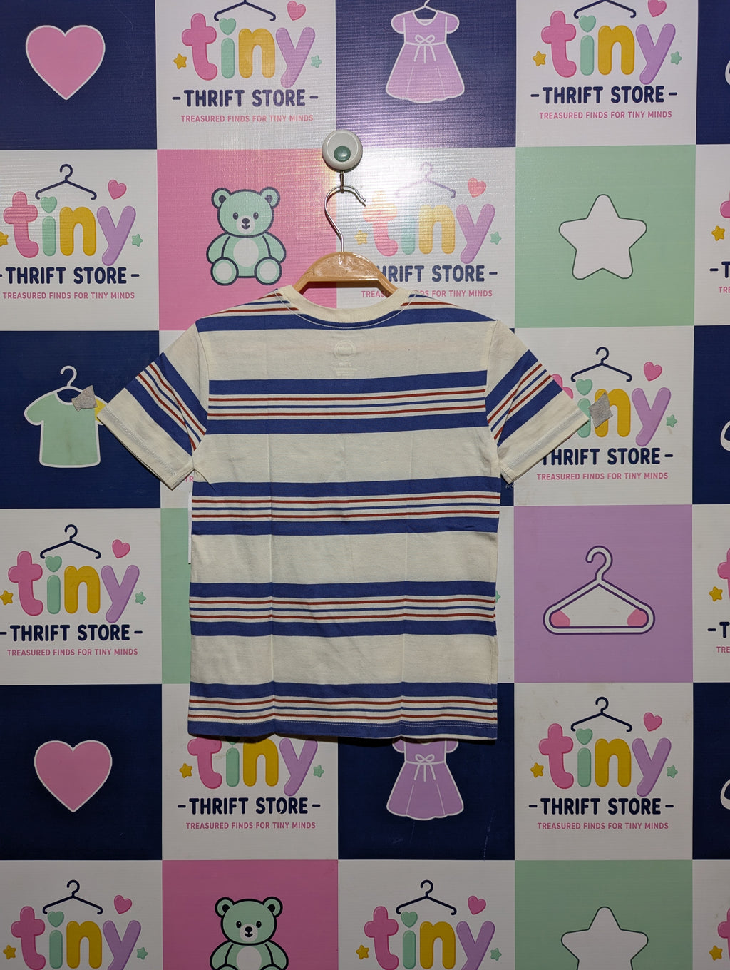 Wonder Nation Boys Cream & Blue Striped Tee - Size S (6-7) Estimated Age 6-7 Years AB2
