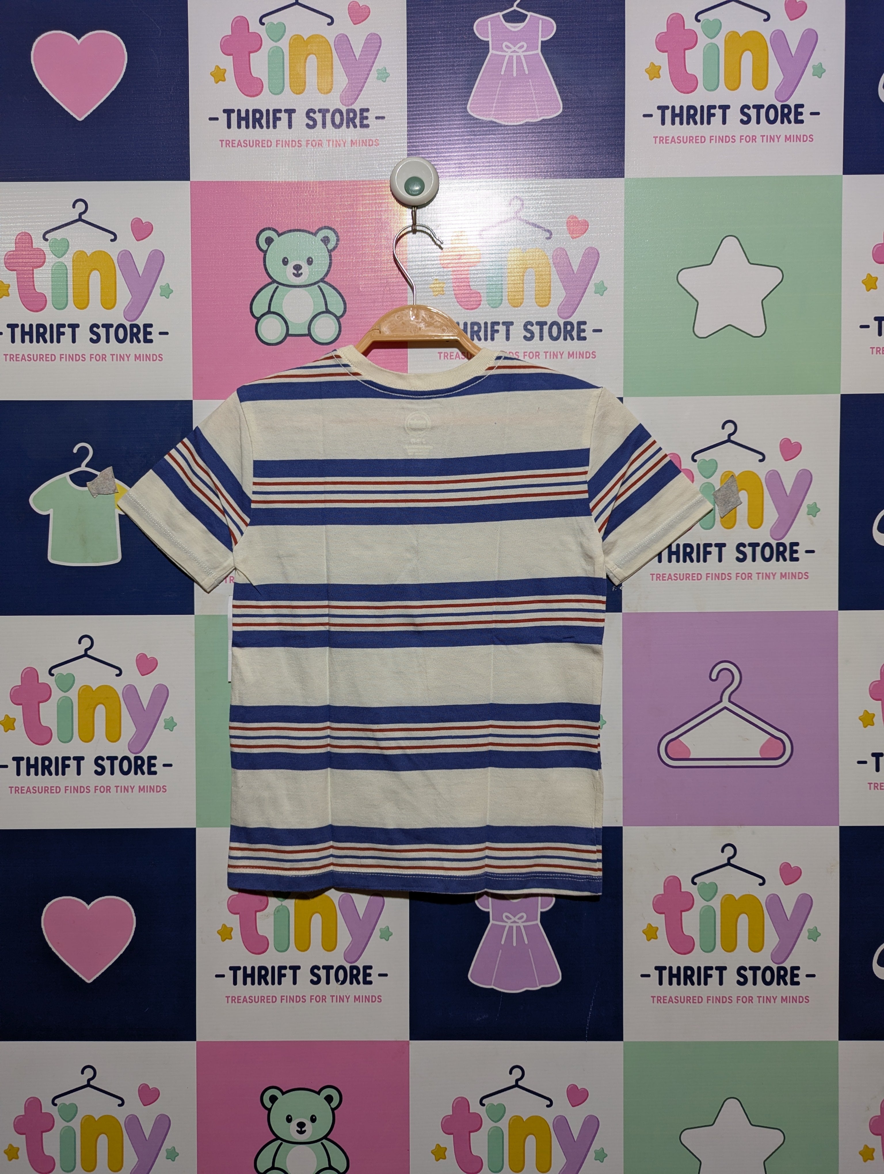Wonder Nation Boys Cream & Blue Striped Tee - Size S (6-7) Estimated Age 6-7 Years AB2