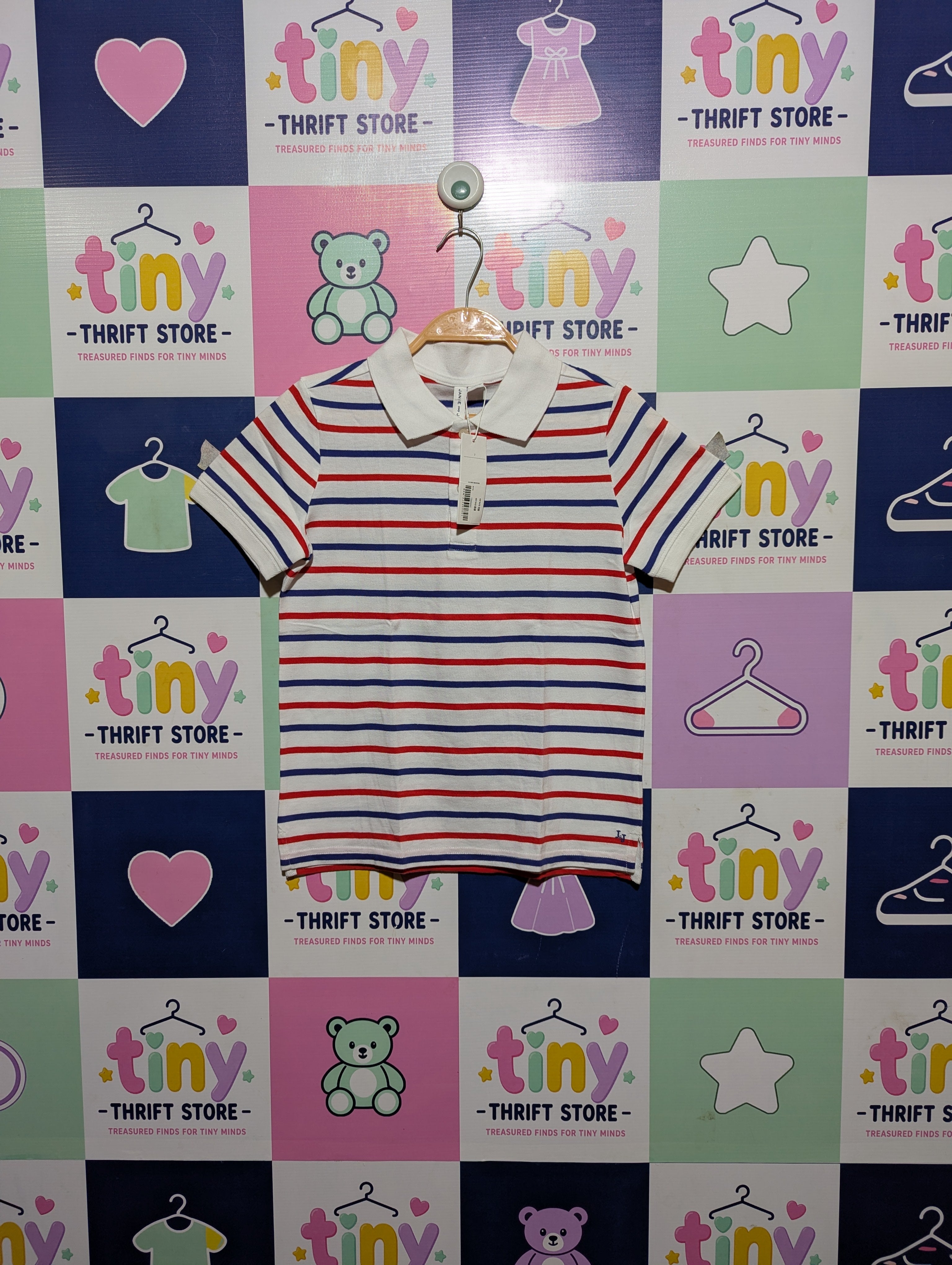 Janie and Jack Boys White Striped Classic Polo Shirt - Size 7 Estimated Age 7 Years AB2
