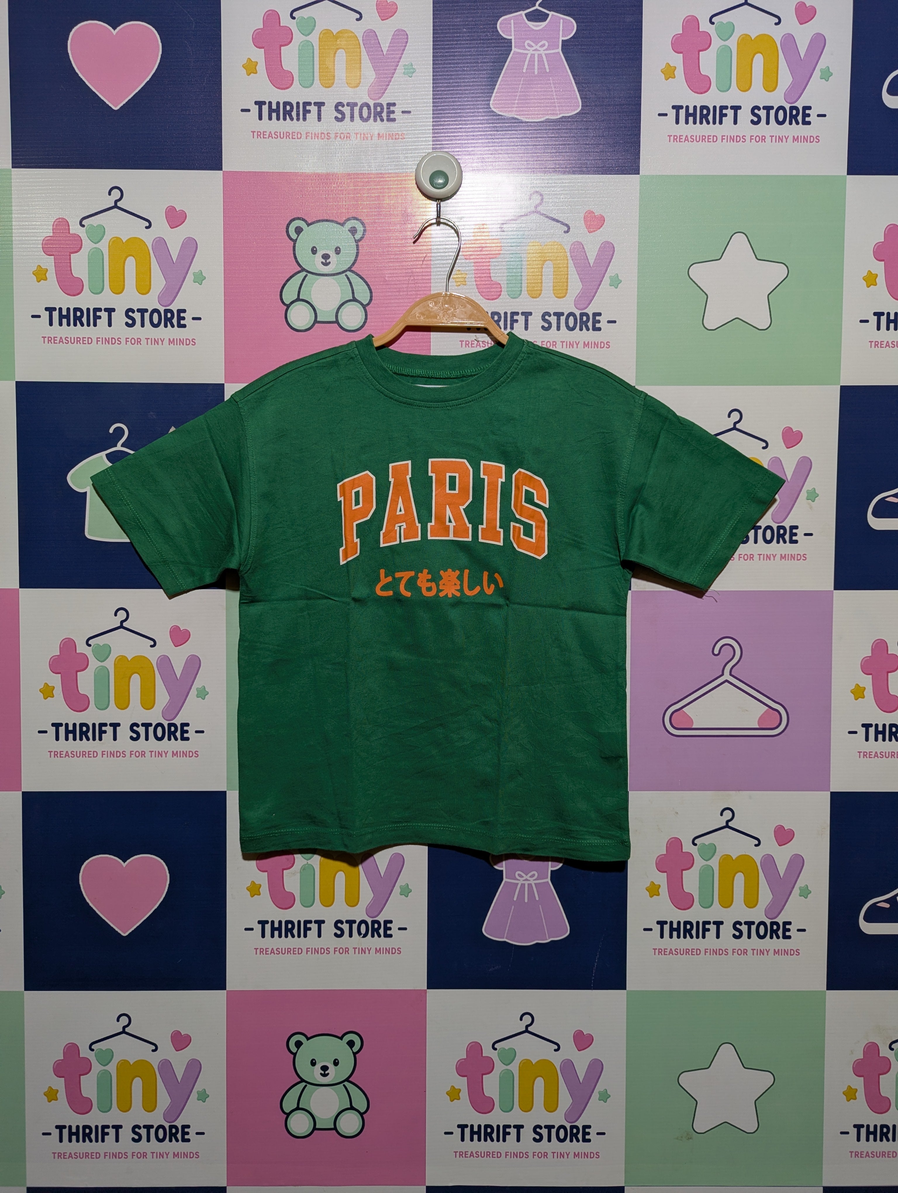 Zara Boys Green "Paris" Graphic Tee - Size 7 Estimated Age 7 Years AB2