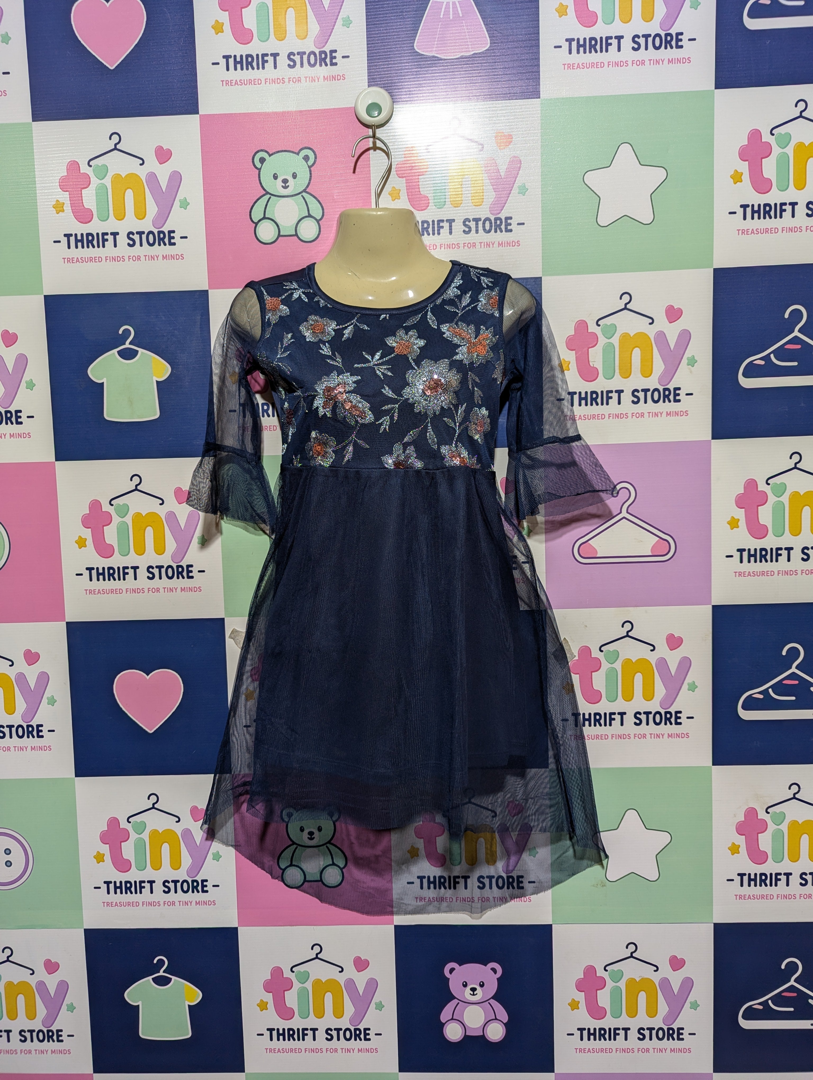 WONDER NATION Girls Navy Blue Floral Mesh Party Dress - Size S (6-6X) Estimated Age 6-7 Years AB2