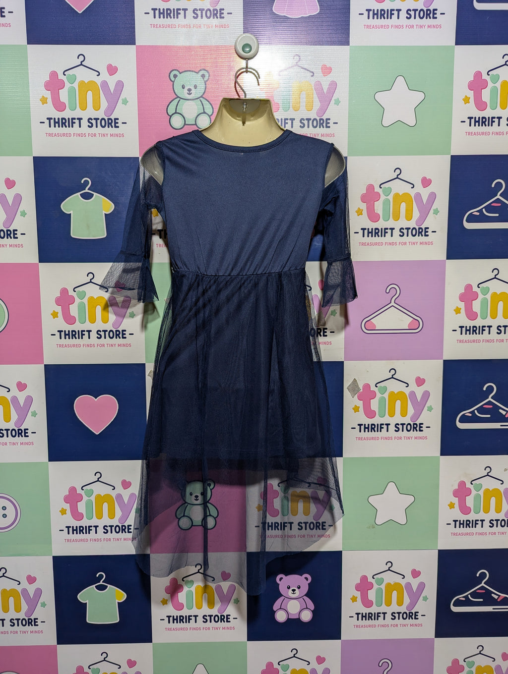 WONDER NATION Girls Navy Blue Floral Mesh Party Dress - Size S (6-6X) Estimated Age 6-7 Years AB2